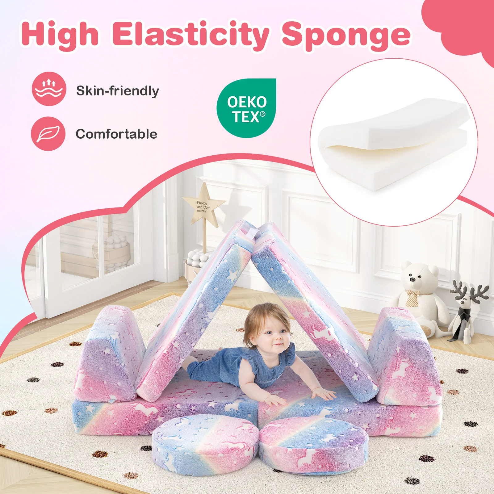 HONEY JOY Modular Kids Play Couch Set, 6 PCS Glow in The Dark Fold Out Children Sofa Couch Chair w/Machine-Washable Flannel Covers - Image 8