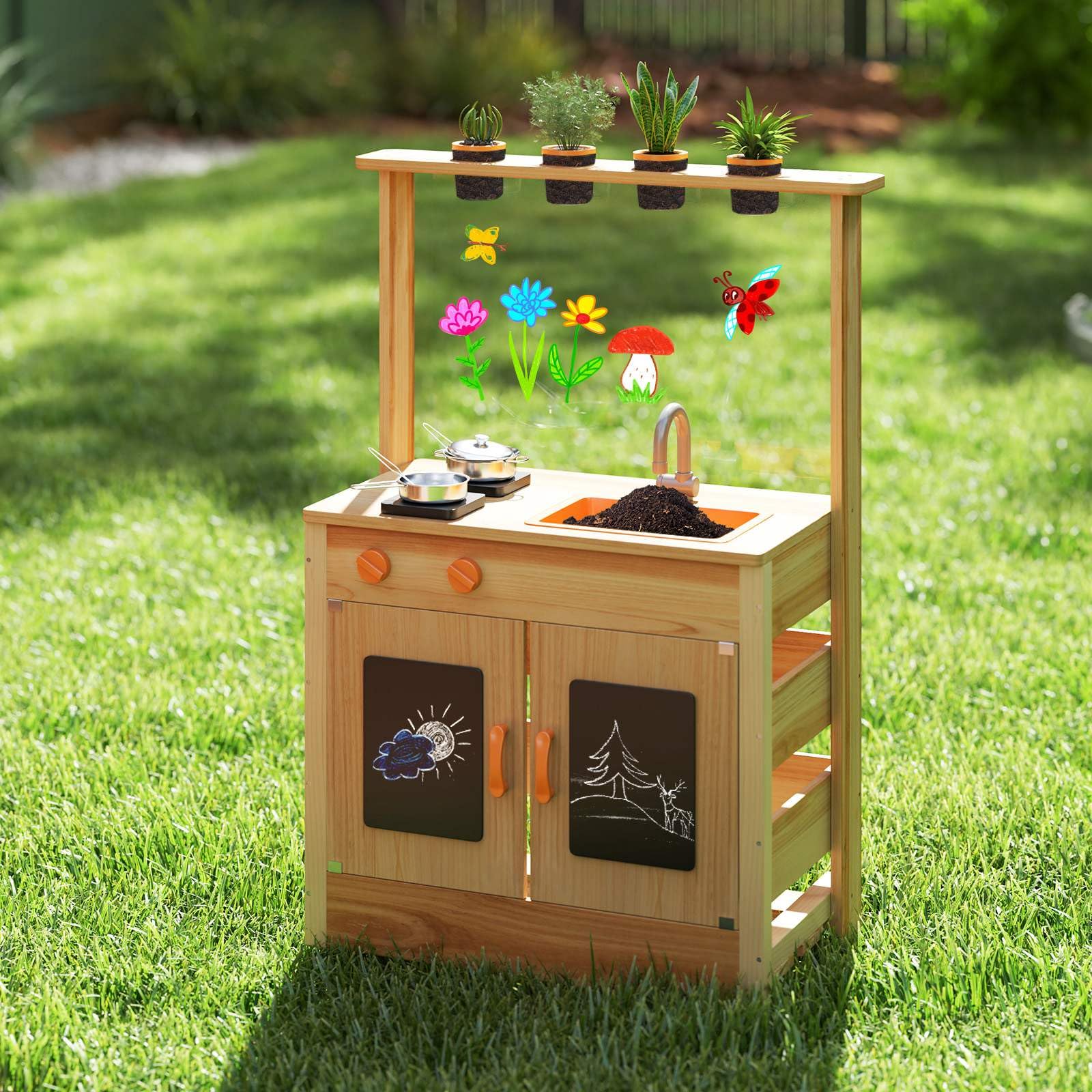 HONEY JOY Mud Kitchen for Kids, Fir Wood Kitchen Playset with Planting Pots, Cookware, Stoves - Image 2