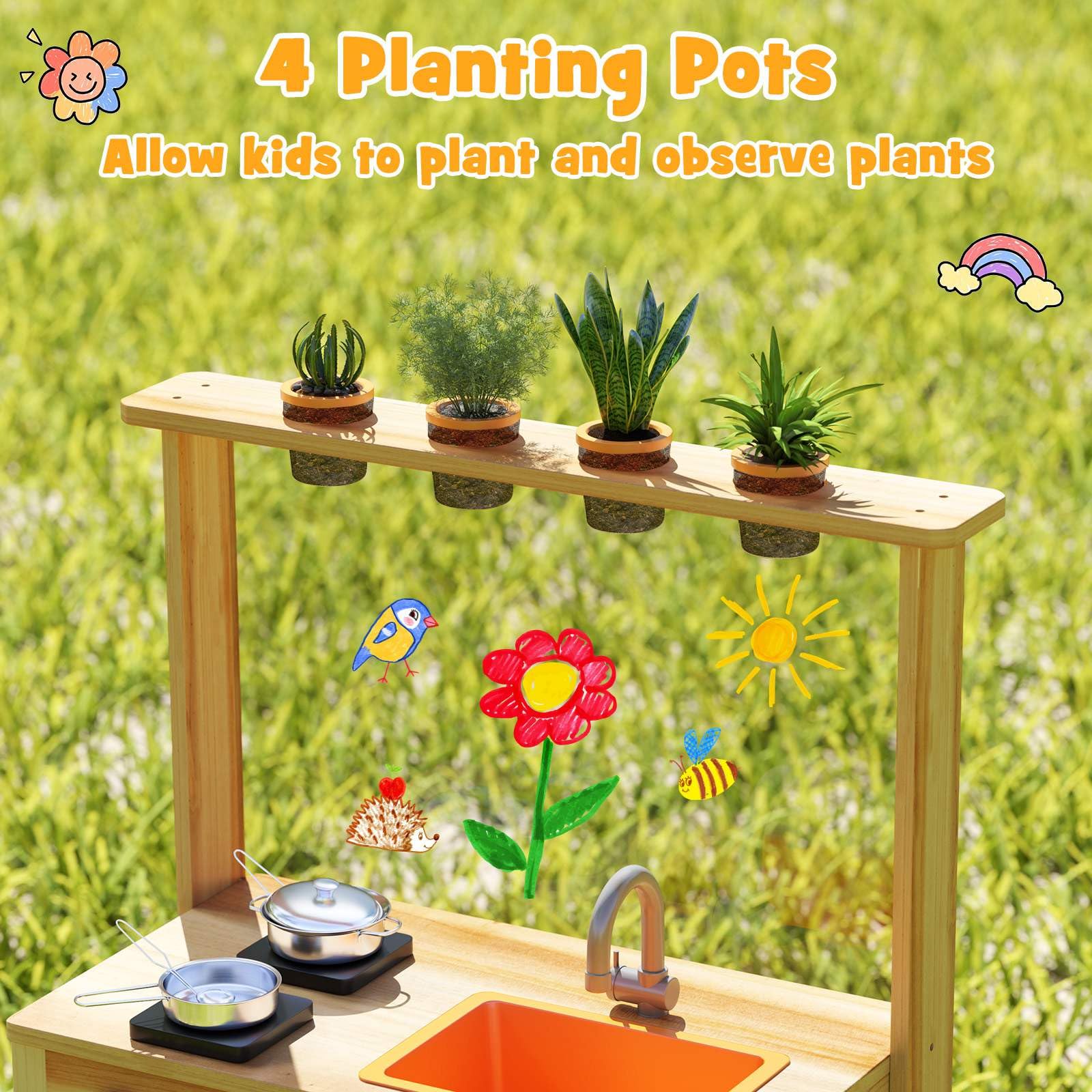 HONEY JOY Mud Kitchen for Kids, Fir Wood Kitchen Playset with Planting Pots, Cookware, Stoves - Image 3