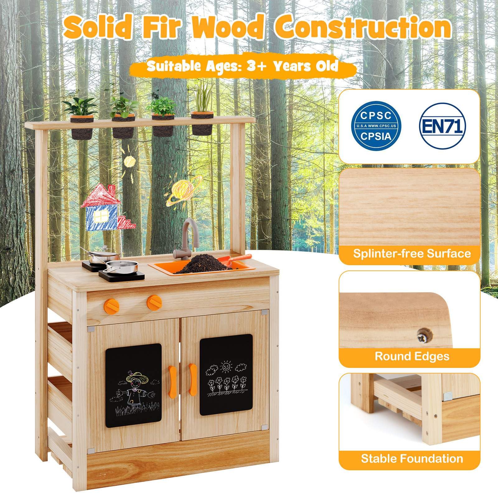 HONEY JOY Mud Kitchen for Kids, Fir Wood Kitchen Playset with Planting Pots, Cookware, Stoves - Image 4