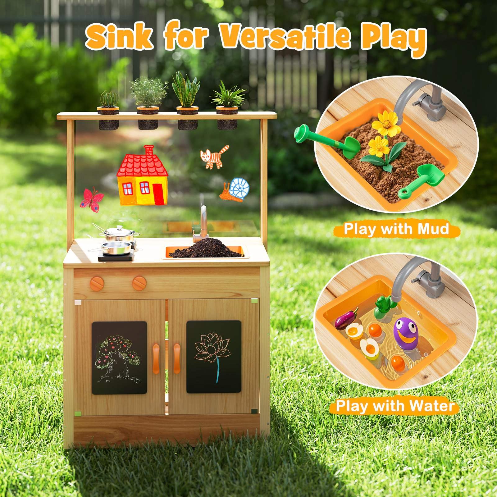 HONEY JOY Mud Kitchen for Kids, Fir Wood Kitchen Playset with Planting Pots, Cookware, Stoves - Image 6