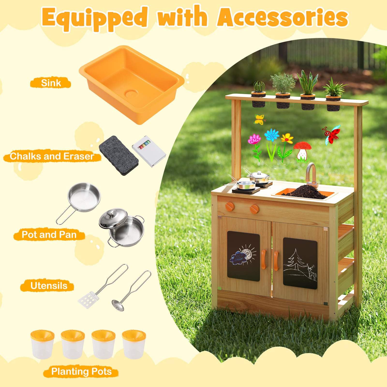 HONEY JOY Mud Kitchen for Kids, Fir Wood Kitchen Playset with Planting Pots, Cookware, Stoves - Image 9