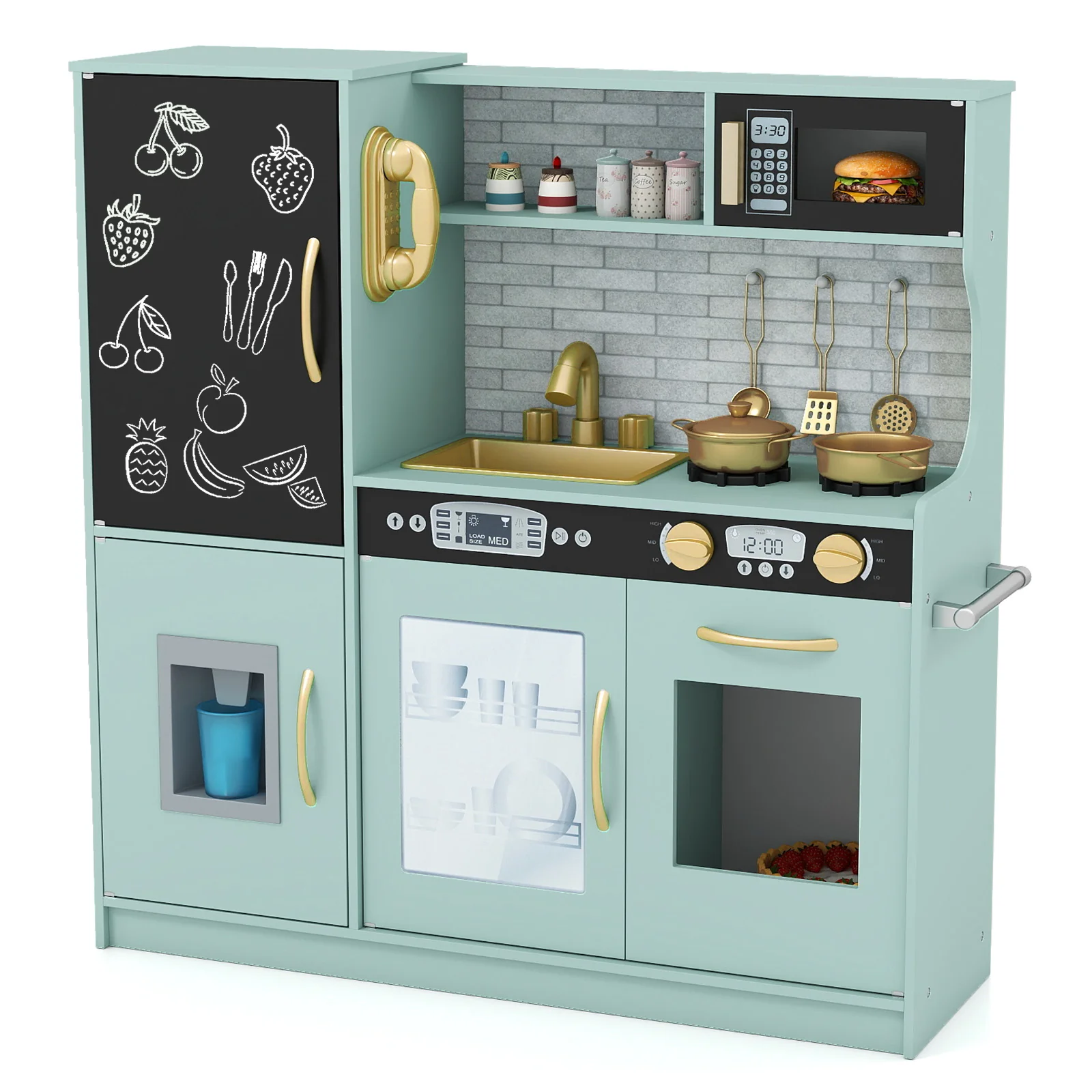 HONEY JOY Pretend Play Kitchen, Toddler Kitchen Playset w/Blackboard, Phone, Microwave, Ice Maker, Dishwasher & Oven - Image 11