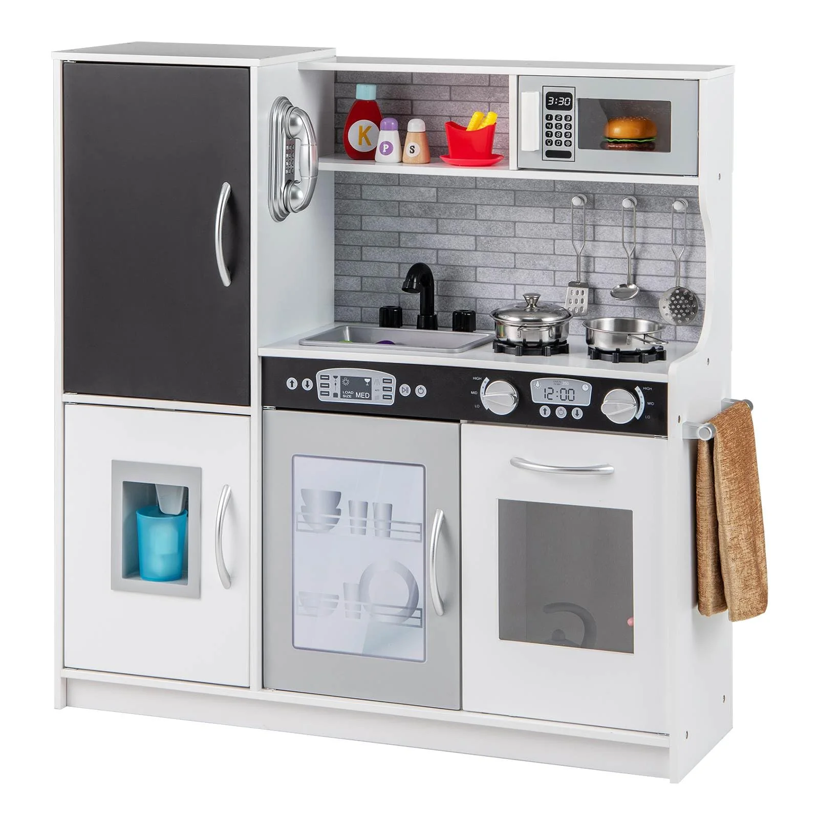 HONEY JOY Pretend Play Kitchen, Toddler Kitchen Playset w/Blackboard, Phone, Microwave, Ice Maker, Dishwasher & Oven - Image 12