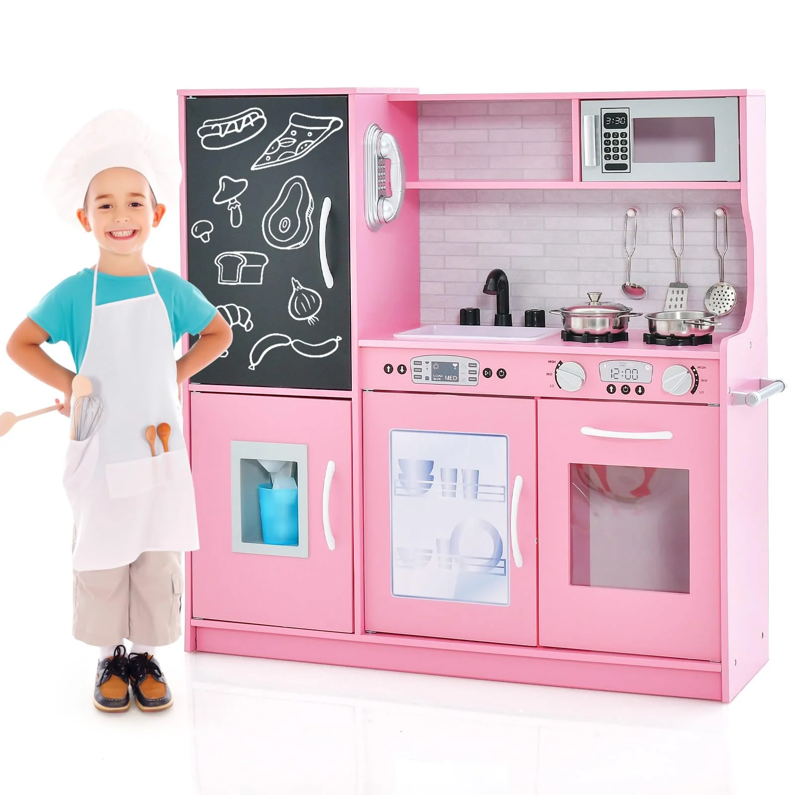 HONEY JOY Pretend Play Kitchen, Toddler Kitchen Playset w/Blackboard, Phone, Microwave, Ice Maker, Dishwasher & Oven - Image 13