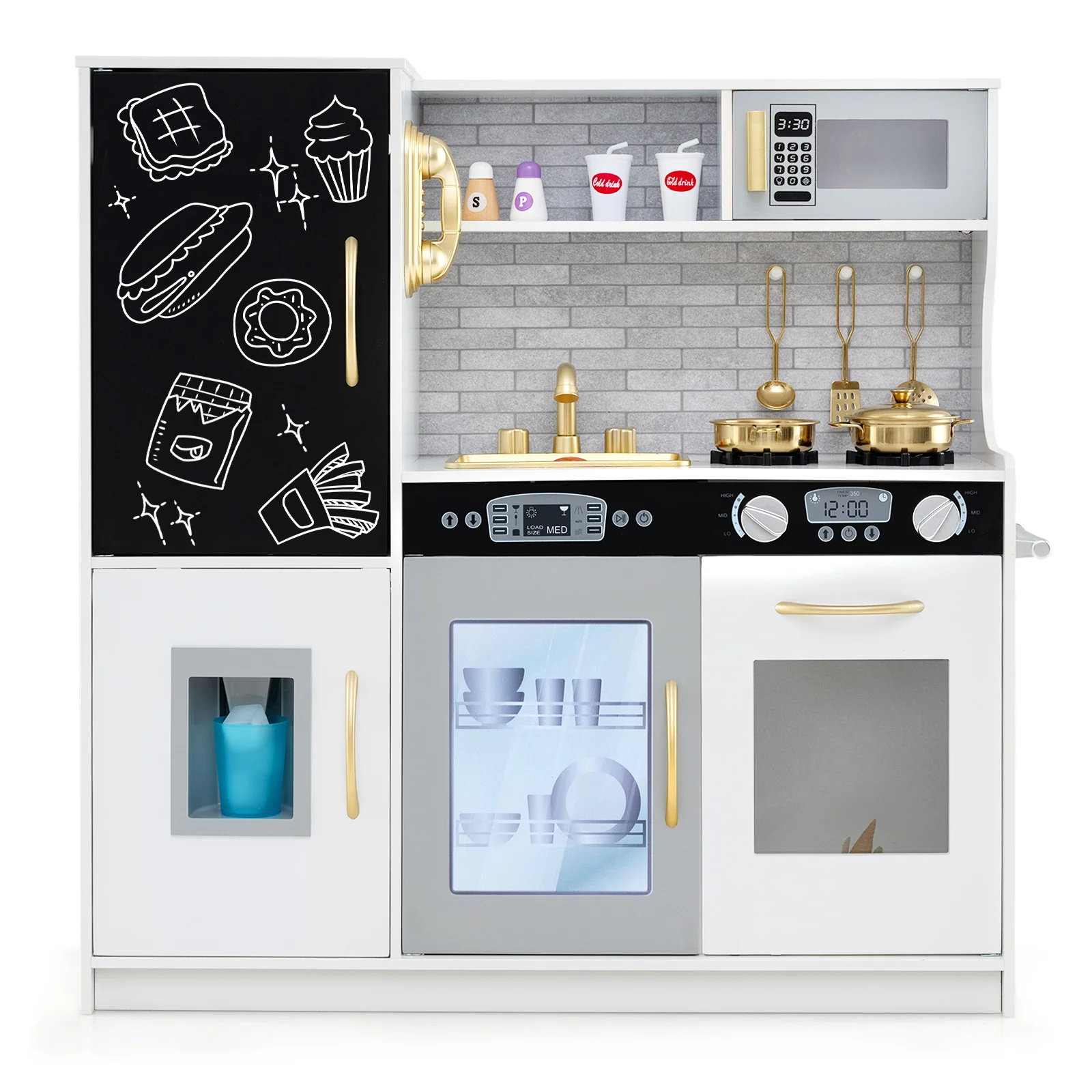 HONEY JOY Pretend Play Kitchen, Toddler Kitchen Playset w/Blackboard, Phone, Microwave, Ice Maker, Dishwasher & Oven - Image 14