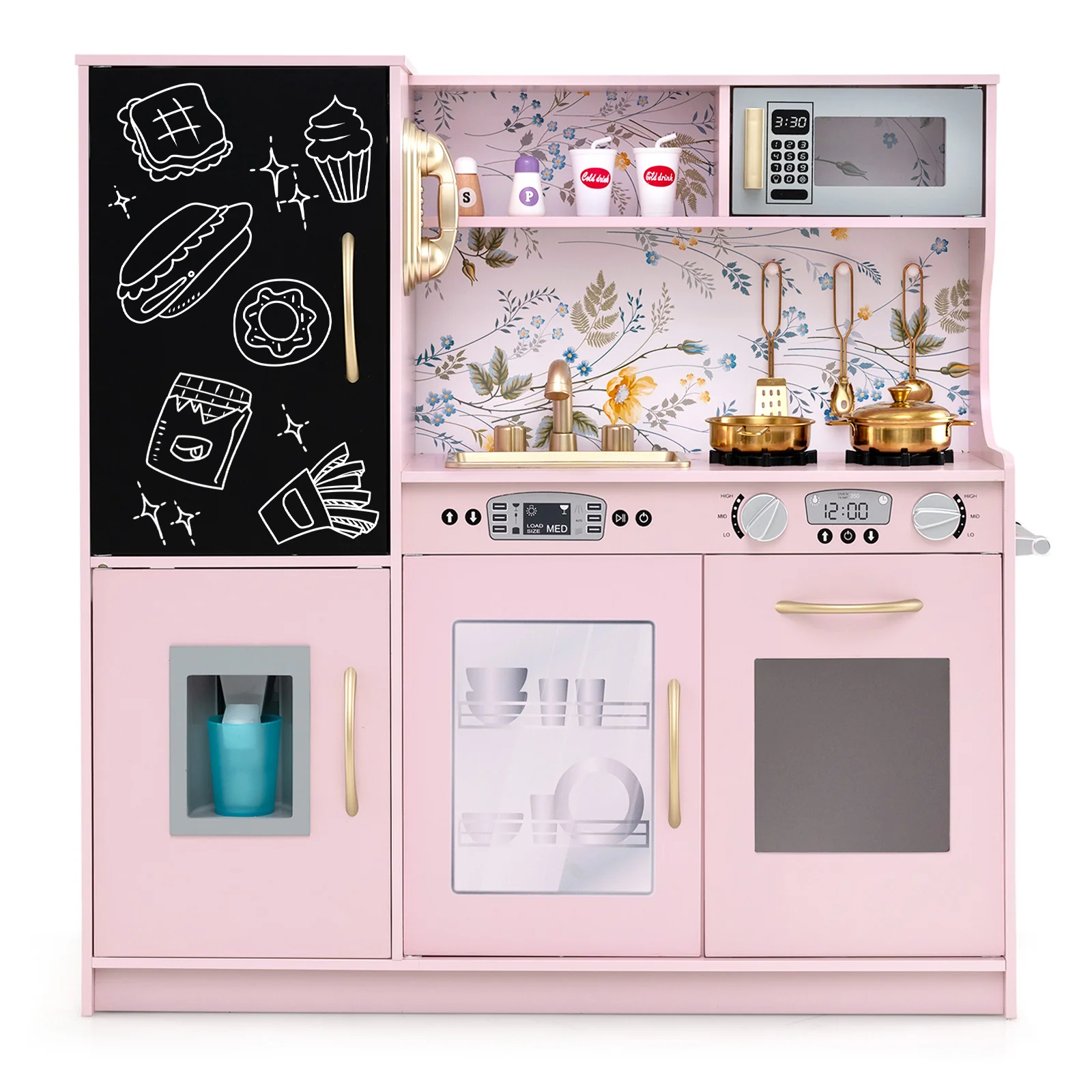 HONEY JOY Pretend Play Kitchen, Toddler Kitchen Playset w/Blackboard, Phone, Microwave, Ice Maker, Dishwasher & Oven - Image 15