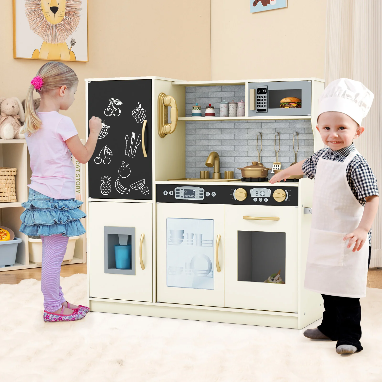 HONEY JOY Pretend Play Kitchen, Toddler Kitchen Playset w/Blackboard, Phone, Microwave, Ice Maker, Dishwasher & Oven - Image 2