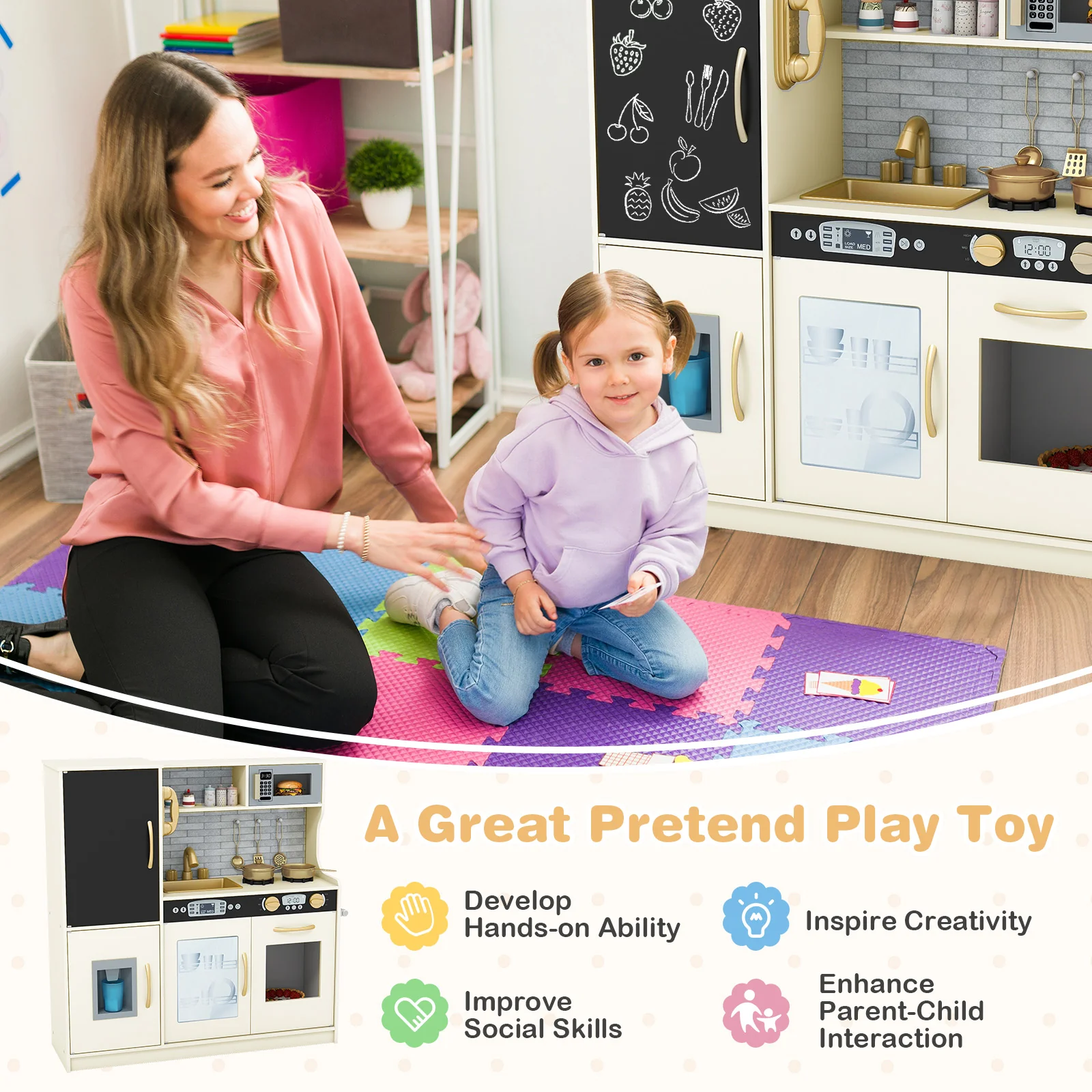 HONEY JOY Pretend Play Kitchen, Toddler Kitchen Playset w/Blackboard, Phone, Microwave, Ice Maker, Dishwasher & Oven - Image 3