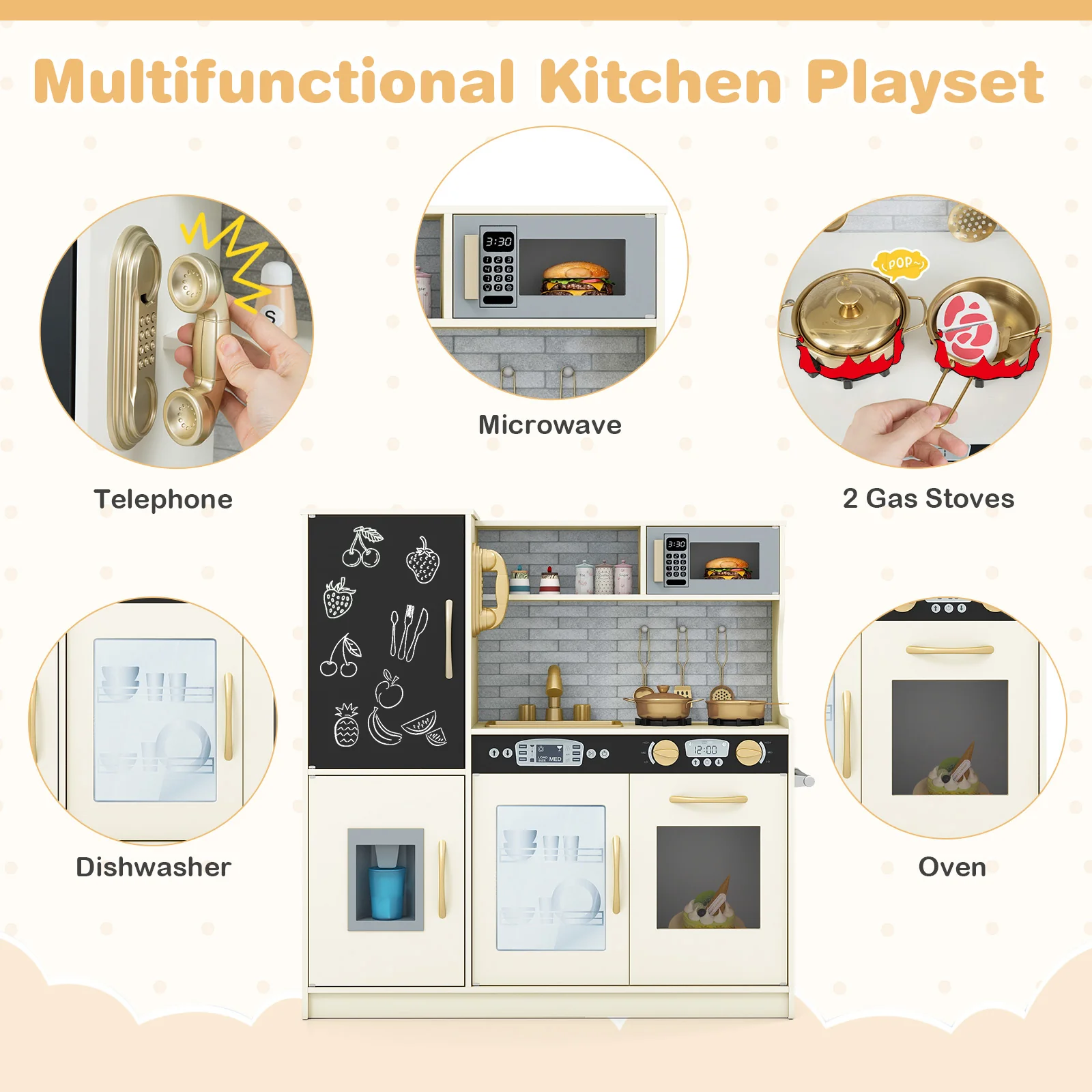 HONEY JOY Pretend Play Kitchen, Toddler Kitchen Playset w/Blackboard, Phone, Microwave, Ice Maker, Dishwasher & Oven - Image 5