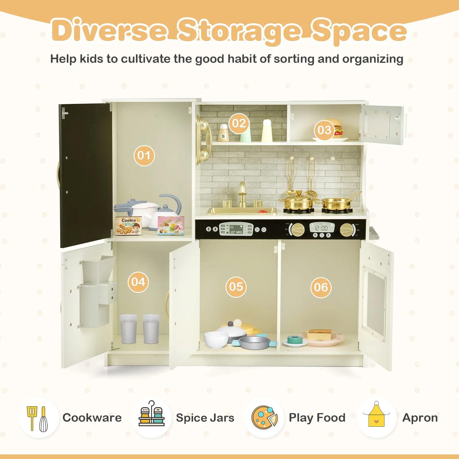 HONEY JOY Pretend Play Kitchen, Toddler Kitchen Playset w/Blackboard, Phone, Microwave, Ice Maker, Dishwasher & Oven - Image 8