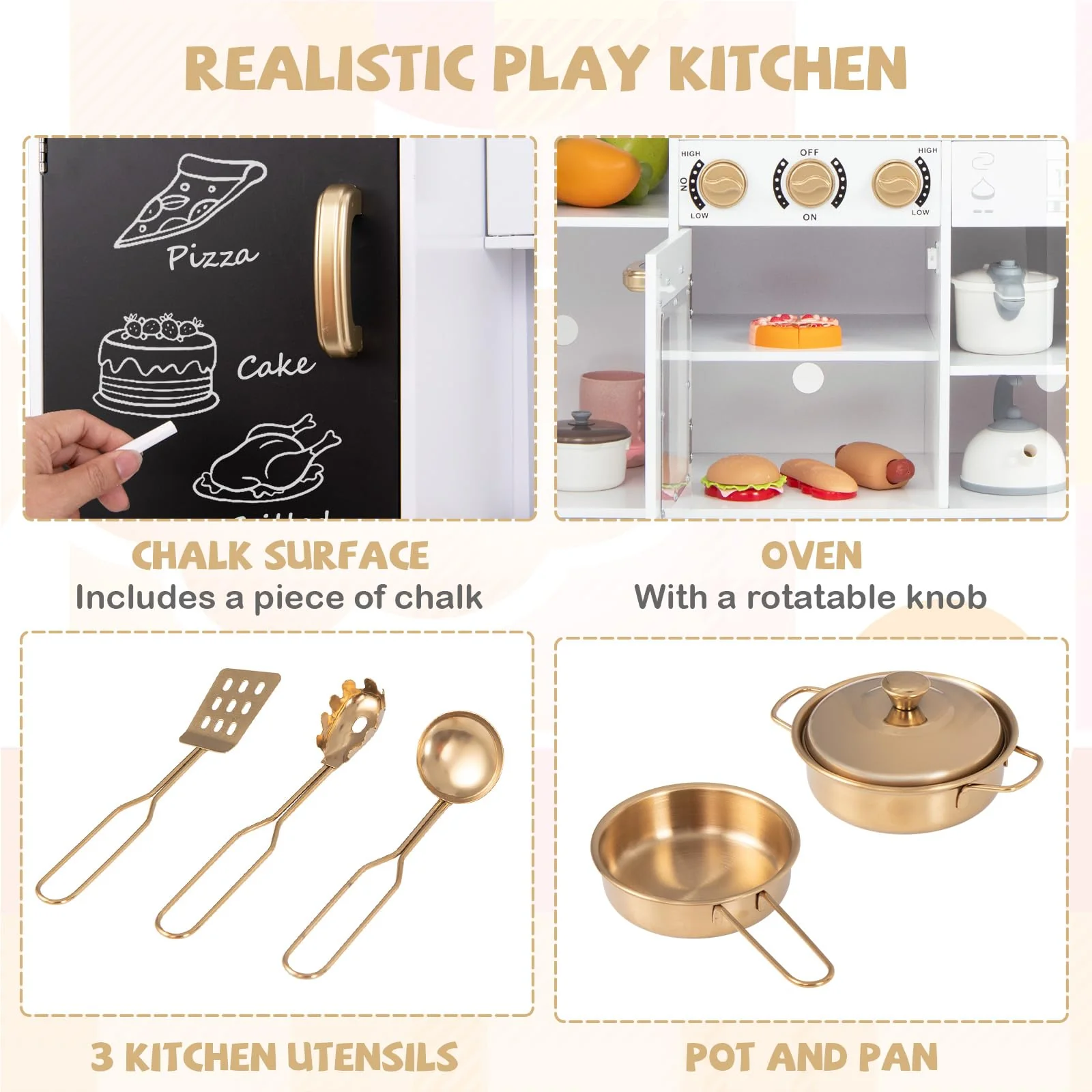 HONEY JOY Pretend Play Kitchen, Wooden Kitchen Playset for Kids w/Utensils, Oven, Sink, Faucet, Chalkboard, Stove - Image 6