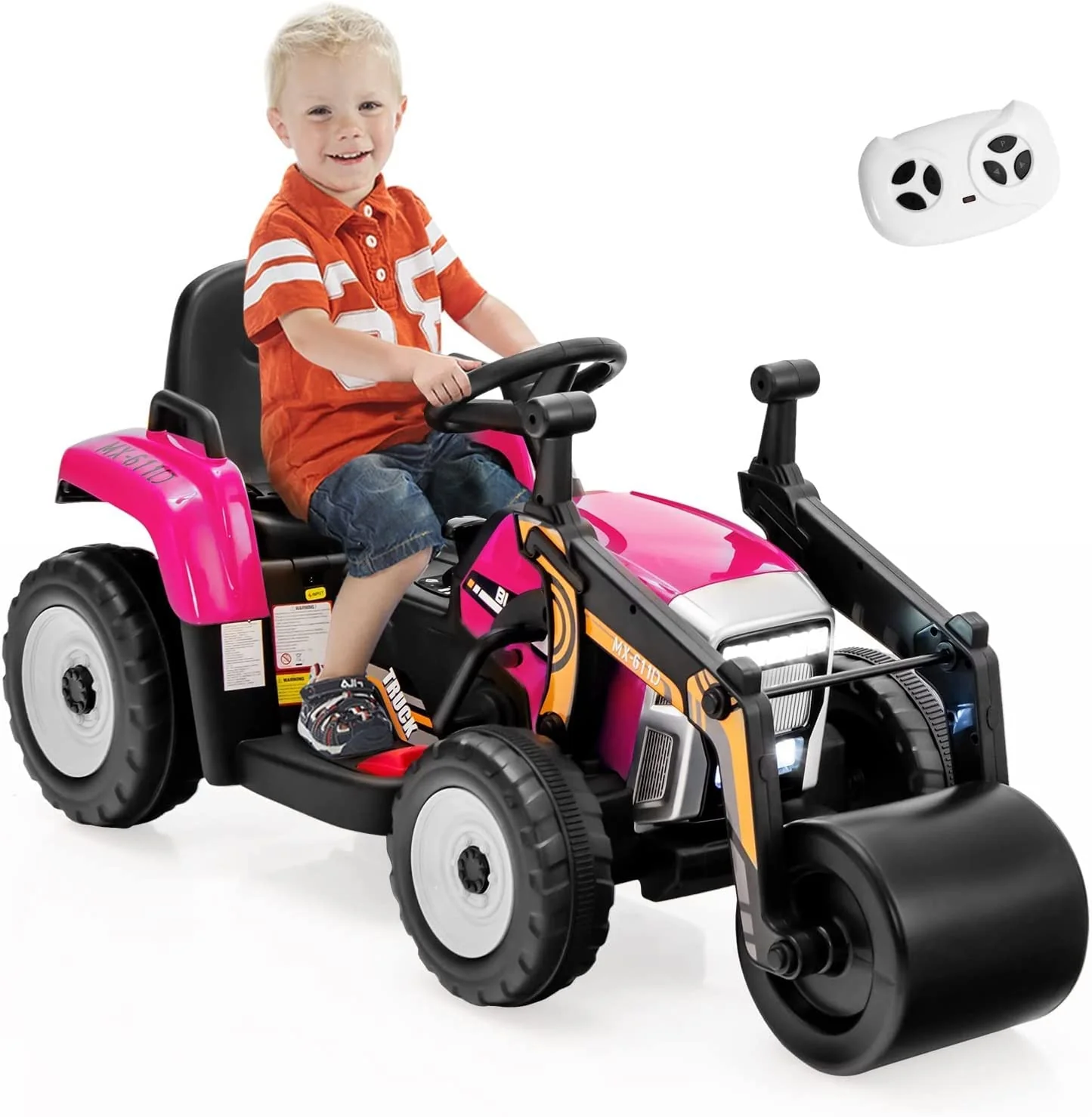 HONEY JOY Ride on Car, 12V Road Roller with Remote Control, Battery Powered Electric Tractor w/Adjustable Drum Roller - Image 11
