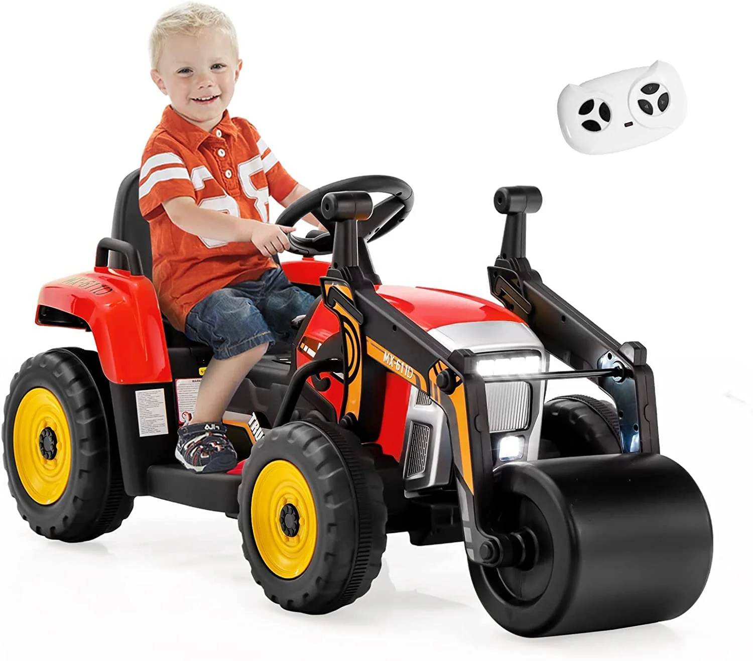 HONEY JOY Ride on Car, 12V Road Roller with Remote Control, Battery Powered Electric Tractor w/Adjustable Drum Roller - Image 12