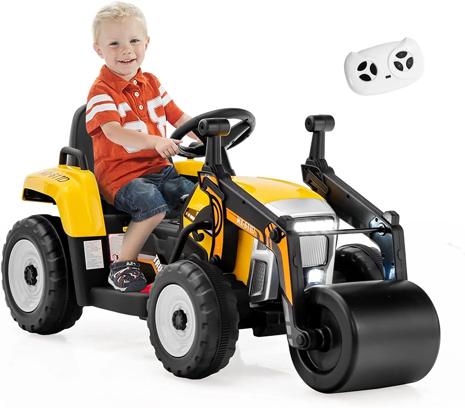 HONEY JOY Ride on Car, 12V Road Roller with Remote Control, Battery Powered Electric Tractor w/Adjustable Drum Roller - Image 13