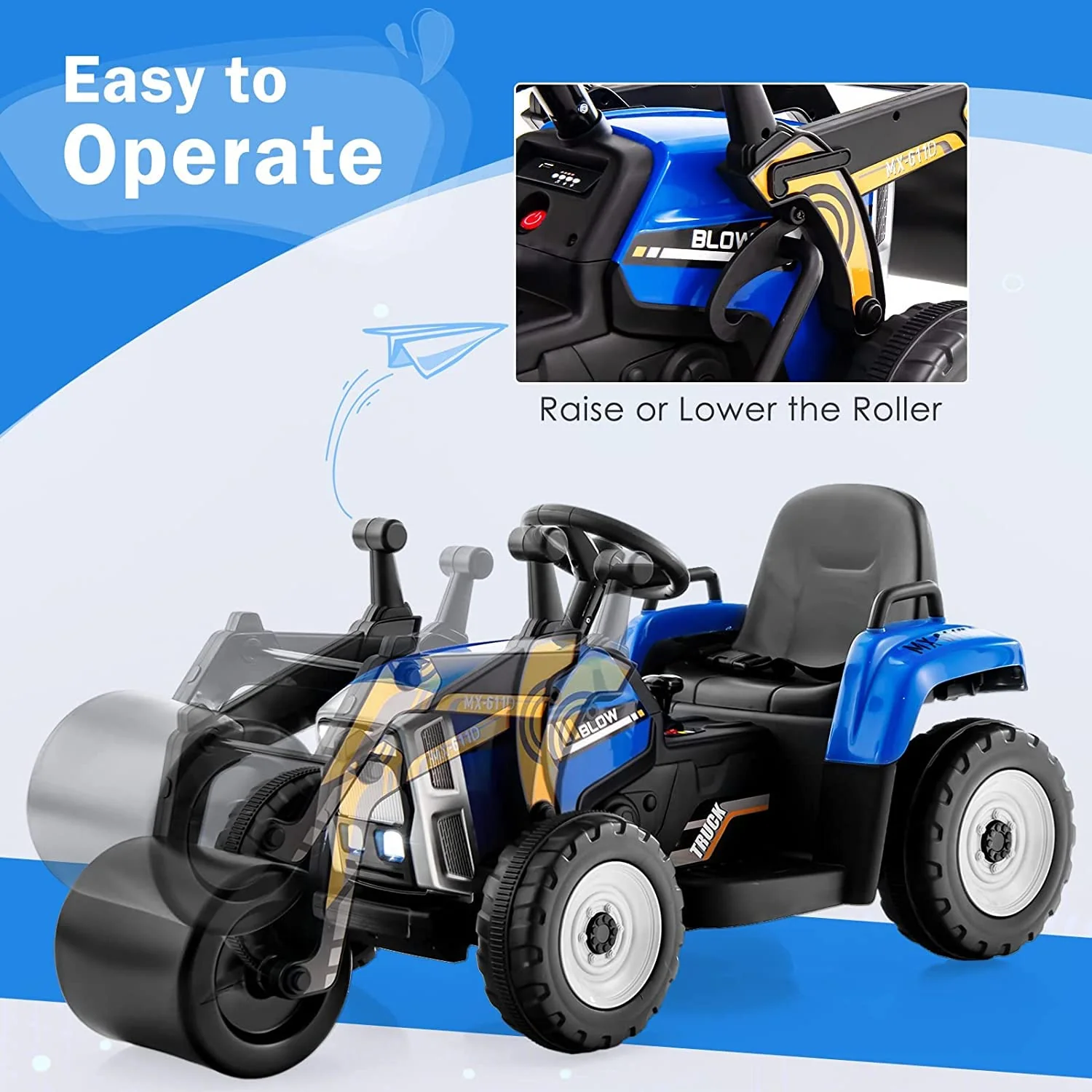 HONEY JOY Ride on Car, 12V Road Roller with Remote Control, Battery Powered Electric Tractor w/Adjustable Drum Roller - Image 3