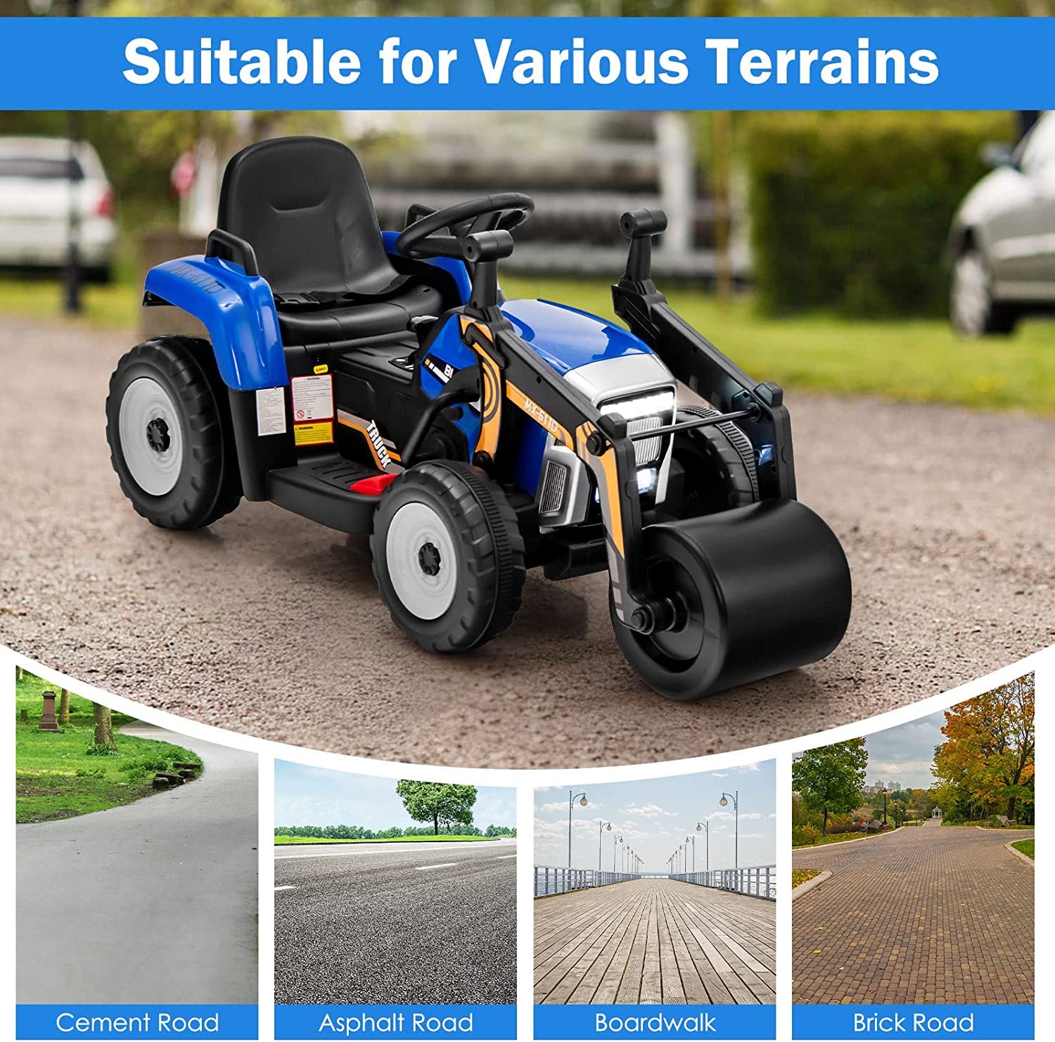 HONEY JOY Ride on Car, 12V Road Roller with Remote Control, Battery Powered Electric Tractor w/Adjustable Drum Roller - Image 5