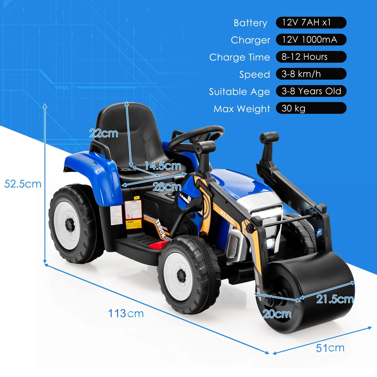 HONEY JOY Ride on Car, 12V Road Roller with Remote Control, Battery Powered Electric Tractor w/Adjustable Drum Roller - Image 6