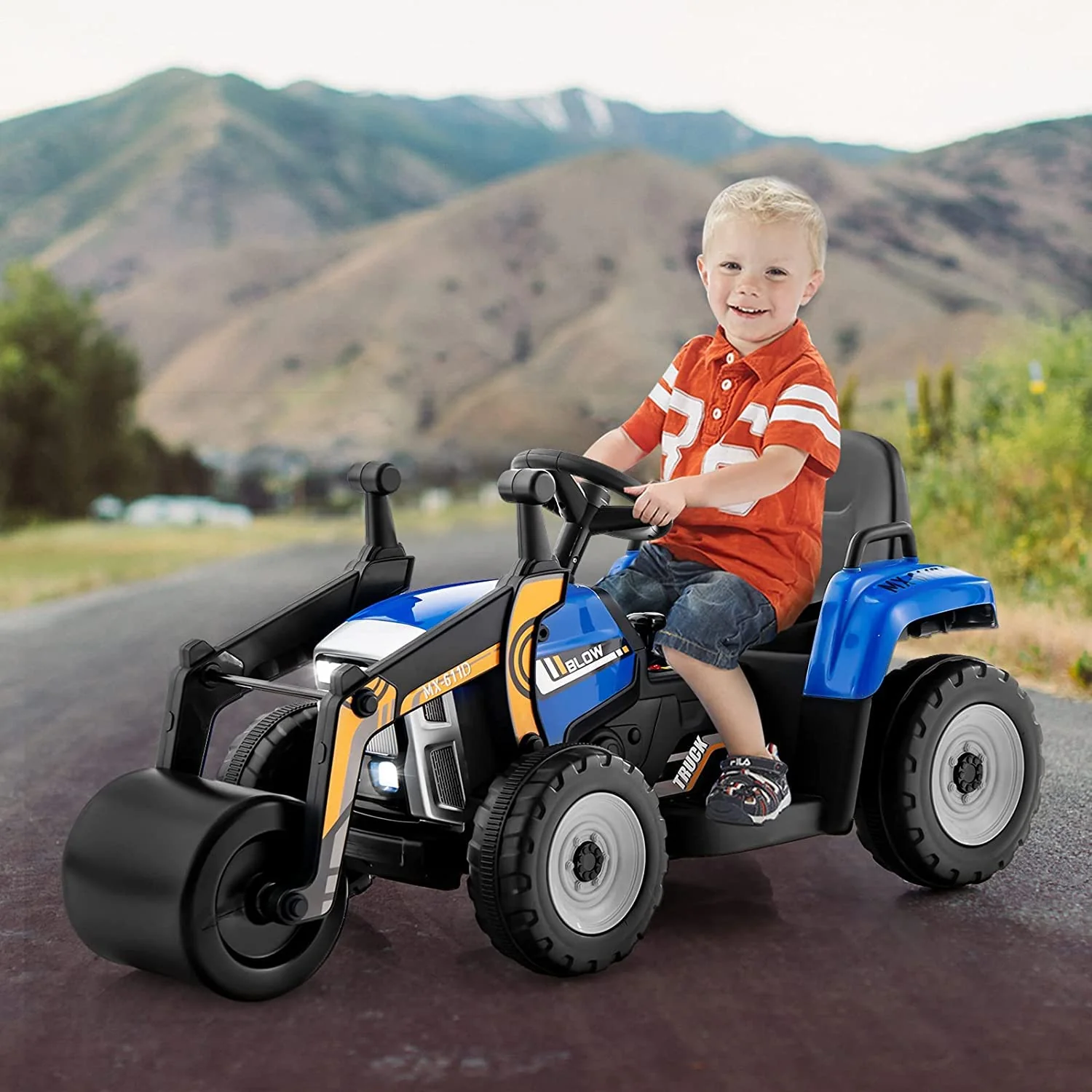 HONEY JOY Ride on Car, 12V Road Roller with Remote Control, Battery Powered Electric Tractor w/Adjustable Drum Roller - Image 8