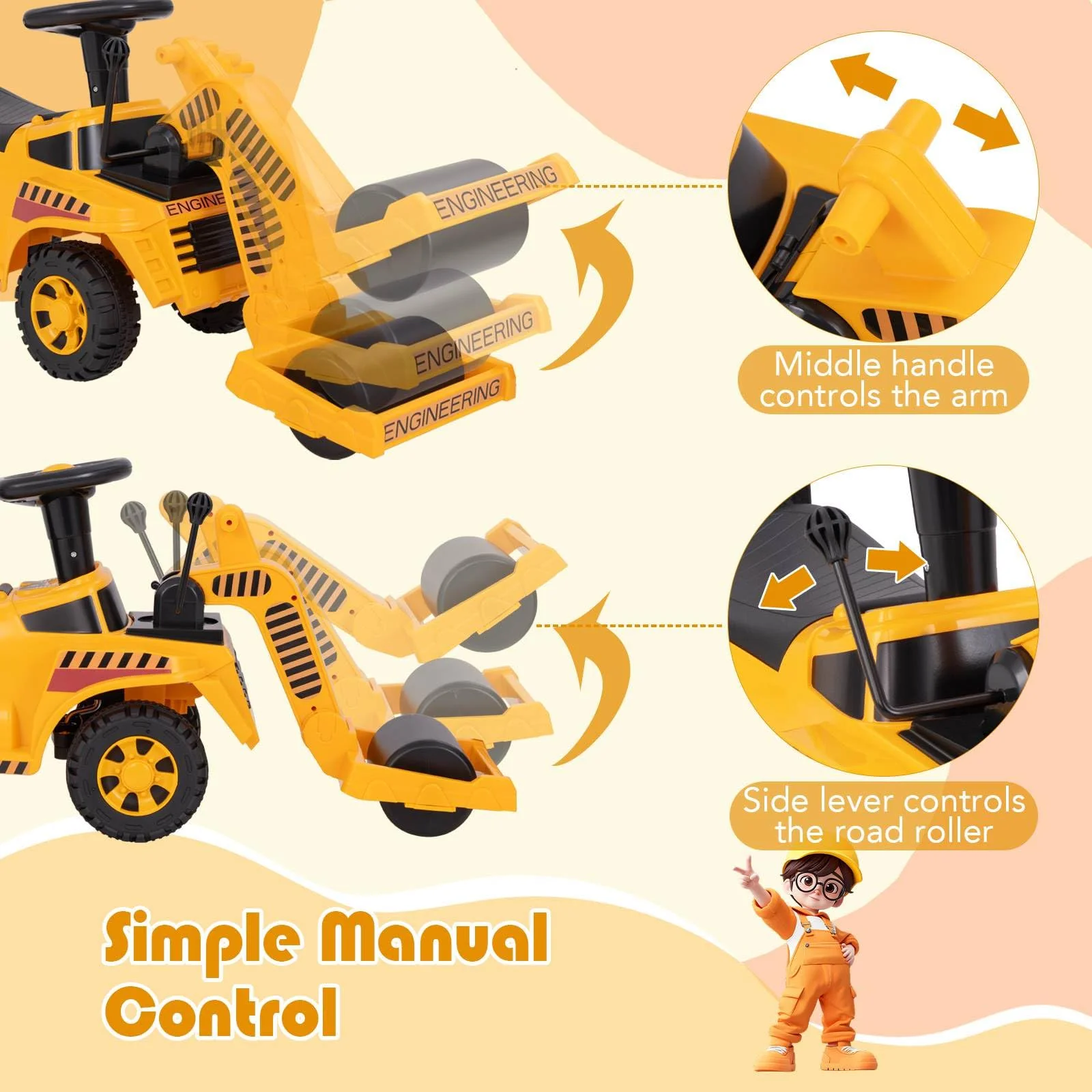 Honey Joy Ride On Road Roller, Toddler Ride On Car with Adjustable Roller - Image 4