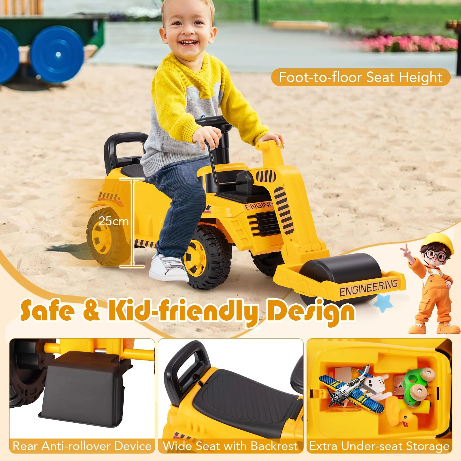 Honey Joy Ride On Road Roller, Toddler Ride On Car with Adjustable Roller - Image 6