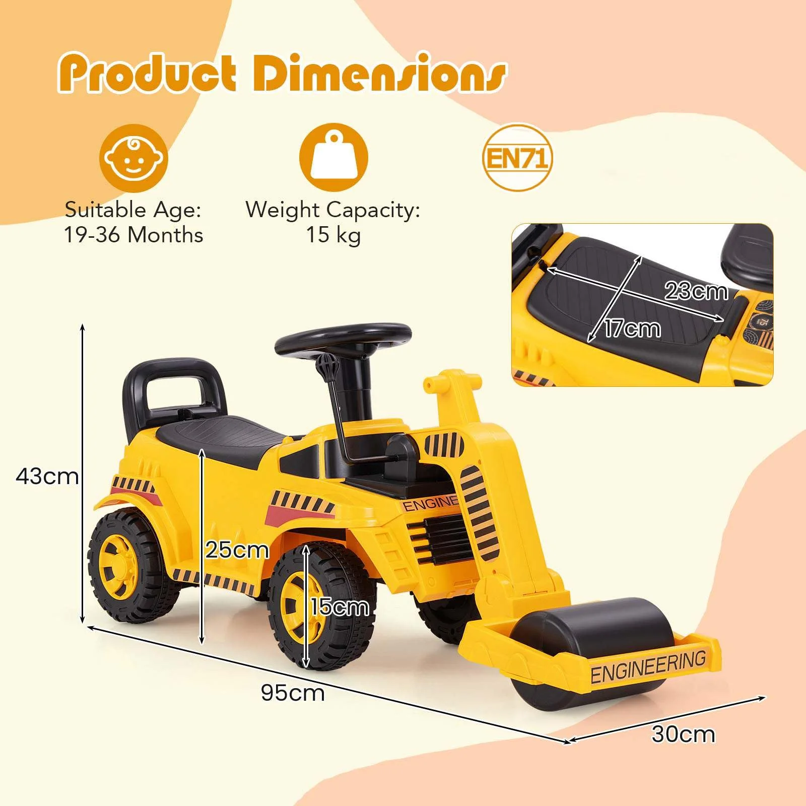 Honey Joy Ride On Road Roller, Toddler Ride On Car with Adjustable Roller - Image 7