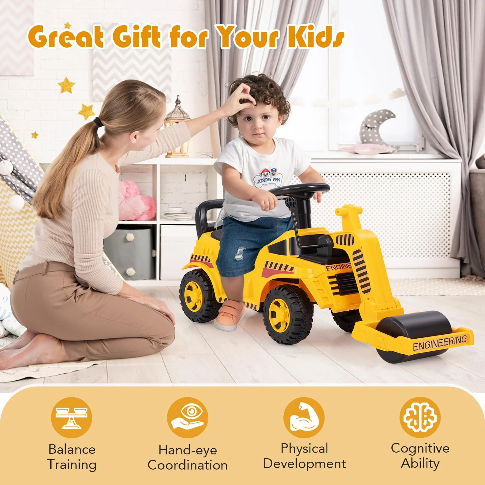Honey Joy Ride On Road Roller, Toddler Ride On Car with Adjustable Roller - Image 9