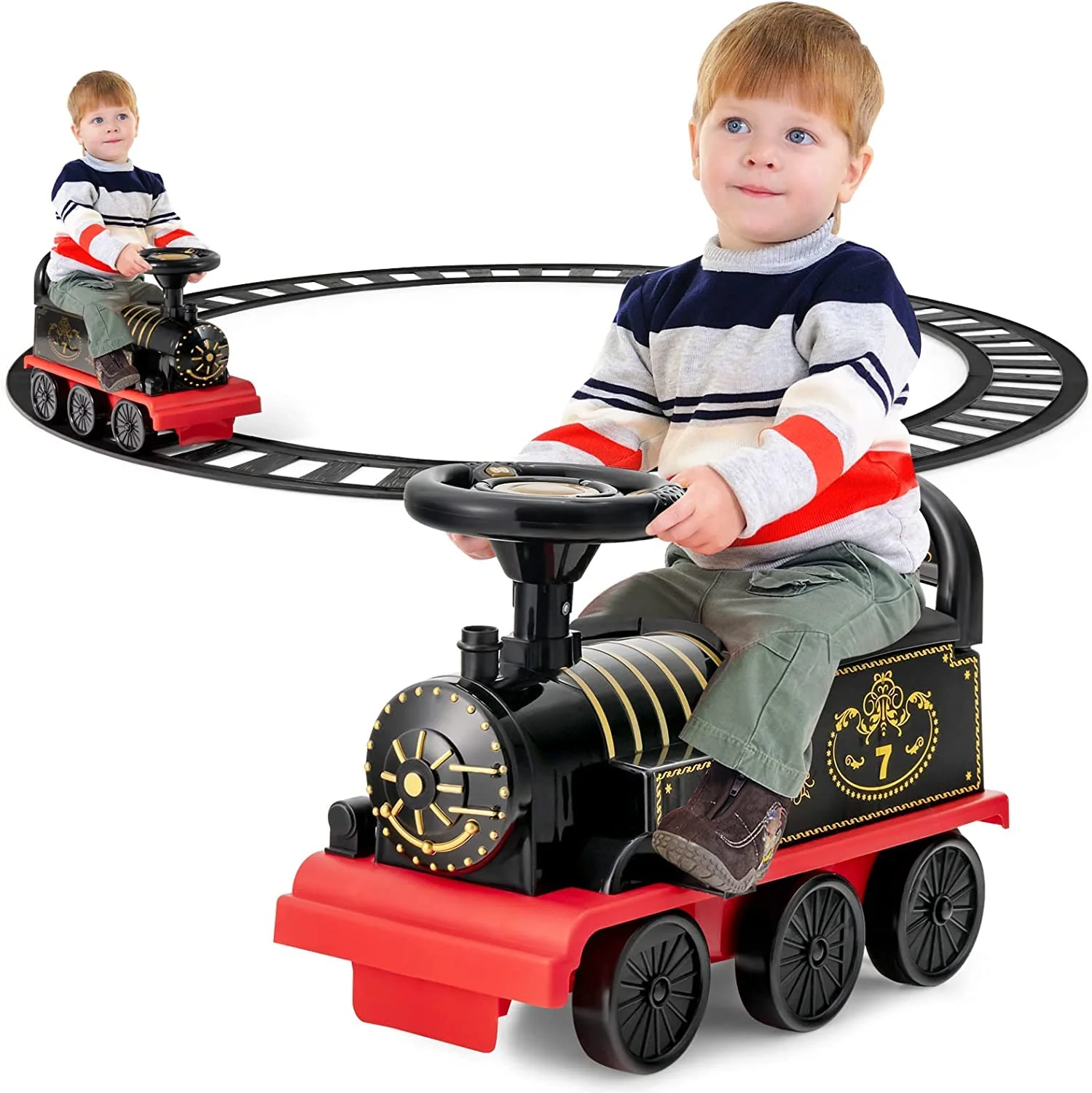 HONEY JOY Ride on Train Track, 6V Electric Ride on Train with Tracks, Storage Seat, Flashing Lights & Music - Image 11