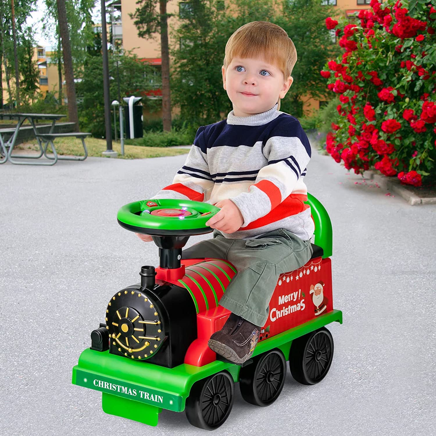 HONEY JOY Ride on Train Track, 6V Electric Ride on Train with Tracks, Storage Seat, Flashing Lights & Music - Image 4
