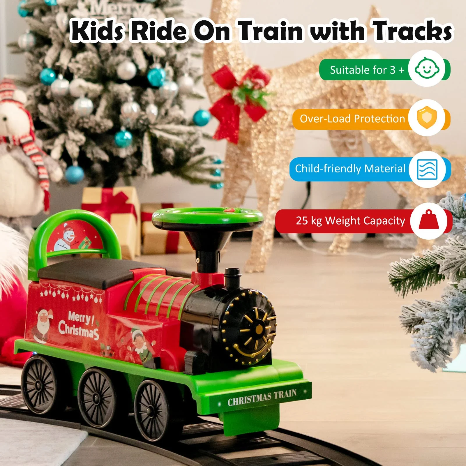 HONEY JOY Ride on Train Track, 6V Electric Ride on Train with Tracks, Storage Seat, Flashing Lights & Music - Image 9