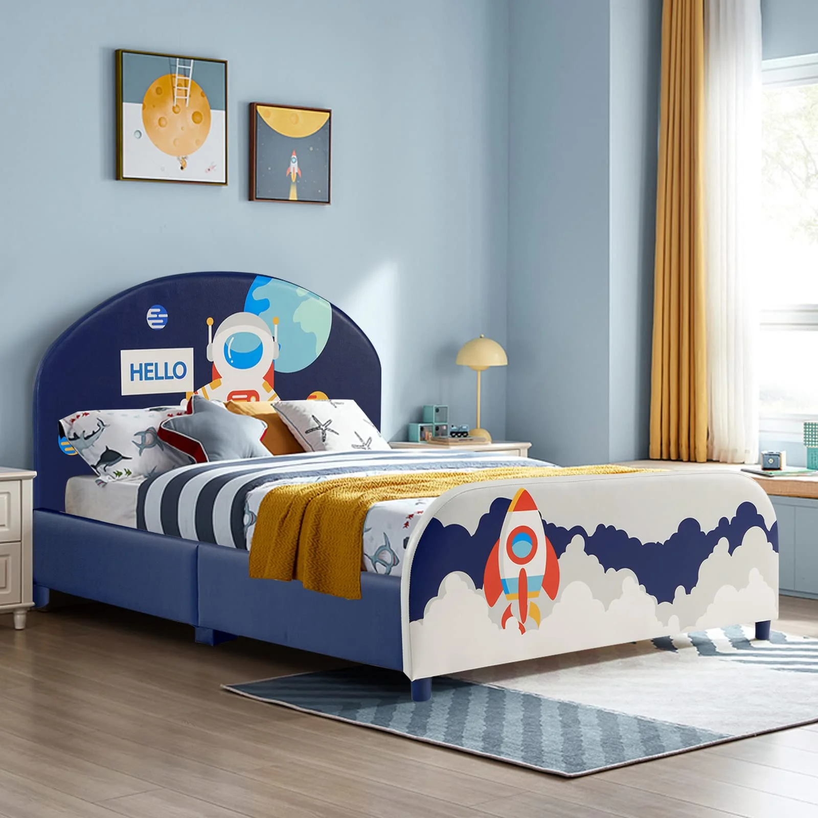 HONEY JOY Single Bed Frames for Kids, Wood Upholstered Twin Bed Platform with Slat Support - Image 10