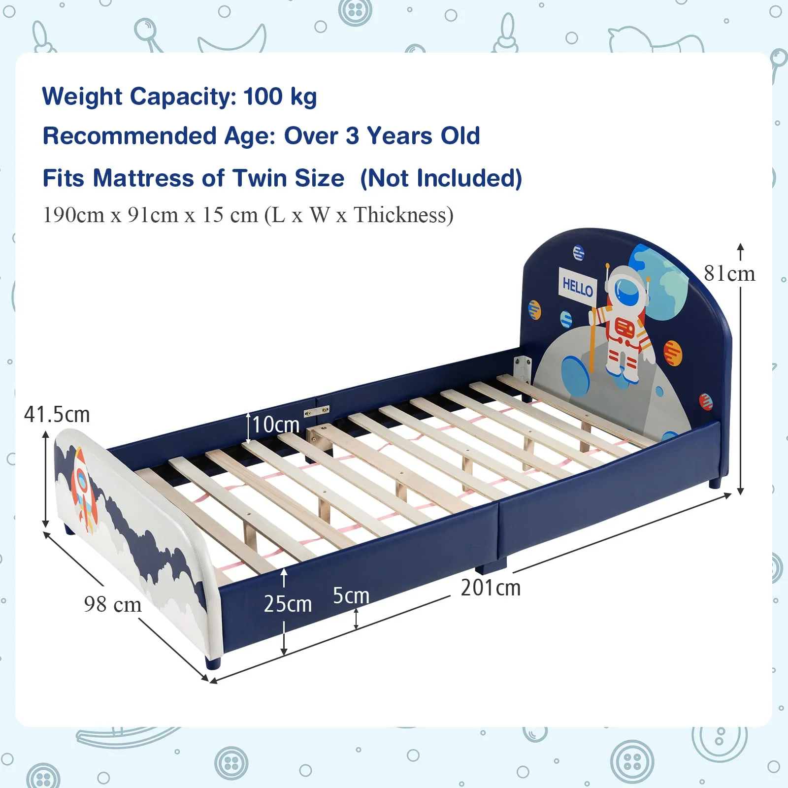 HONEY JOY Single Bed Frames for Kids, Wood Upholstered Twin Bed Platform with Slat Support - Image 12