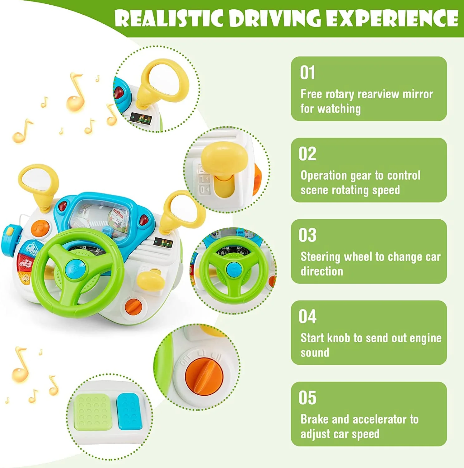 HONEY JOY Steering Wheel Toy, Pretend Play Driving Simulated Toy w/Light and Music, Cyclic Rotary Scene - Image 3
