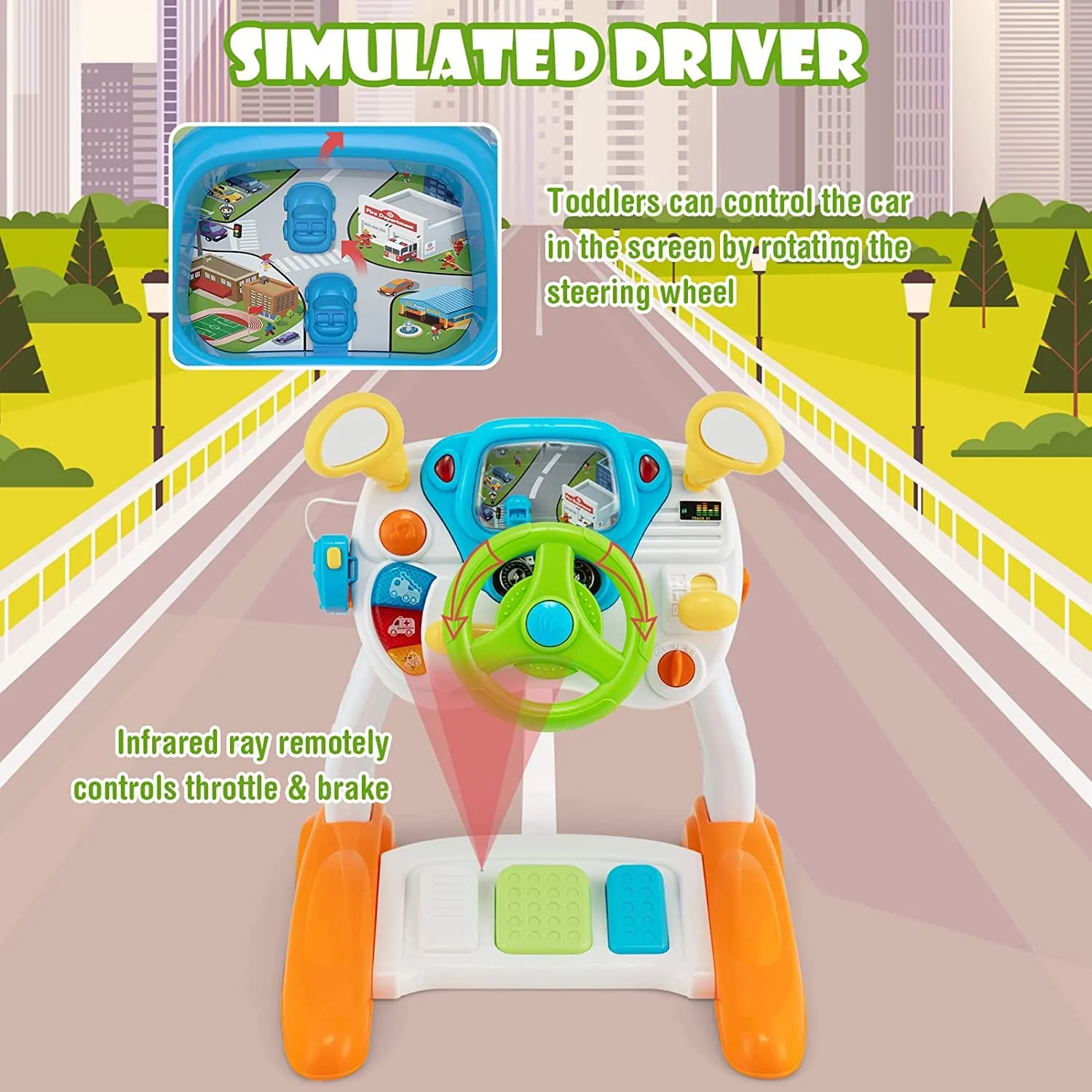 HONEY JOY Steering Wheel Toy, Pretend Play Driving Simulated Toy w/Light and Music, Cyclic Rotary Scene - Image 4