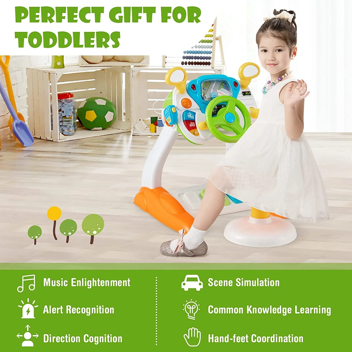 HONEY JOY Steering Wheel Toy, Pretend Play Driving Simulated Toy w/Light and Music, Cyclic Rotary Scene - Image 7