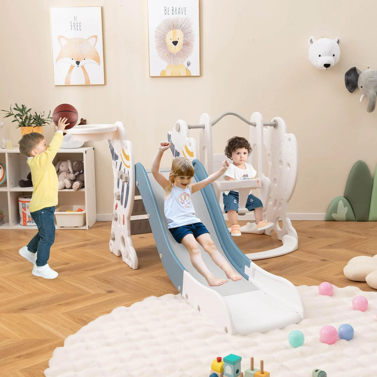 HONEY JOY Toddler Slide and Swing Set, 4-in-1 Indoor Playground - Image 2