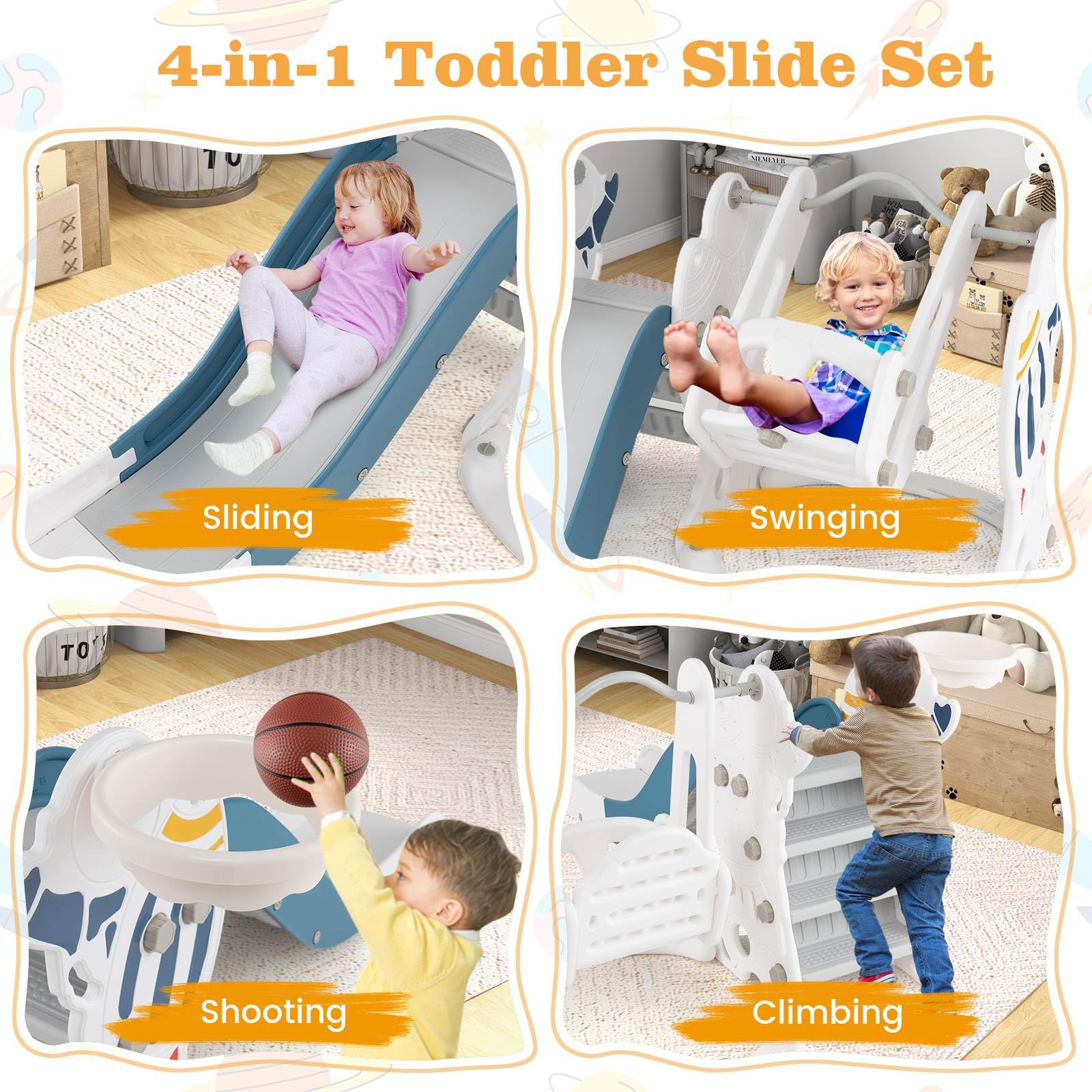 HONEY JOY Toddler Slide and Swing Set, 4-in-1 Indoor Playground - Image 3