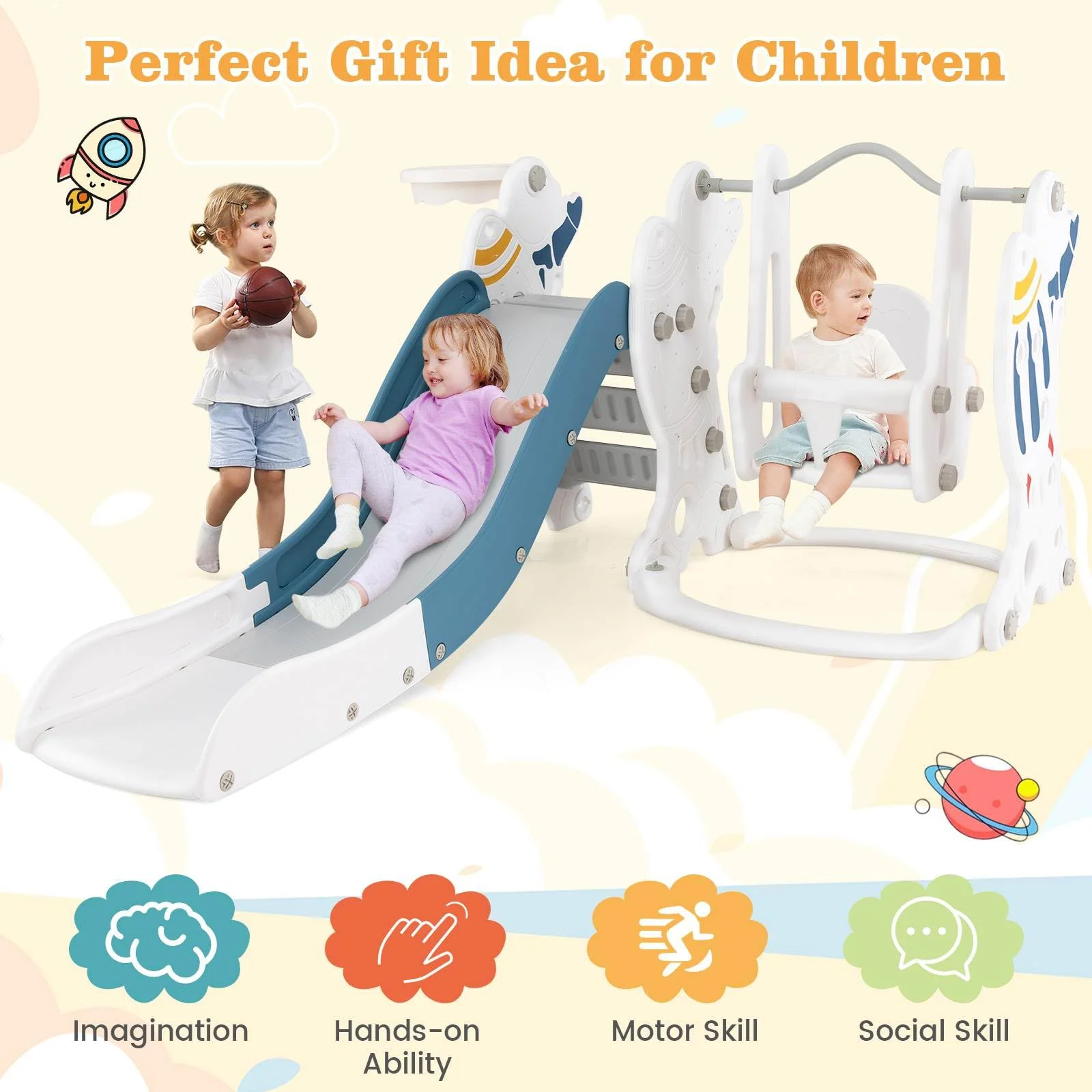 HONEY JOY Toddler Slide and Swing Set, 4-in-1 Indoor Playground - Image 9