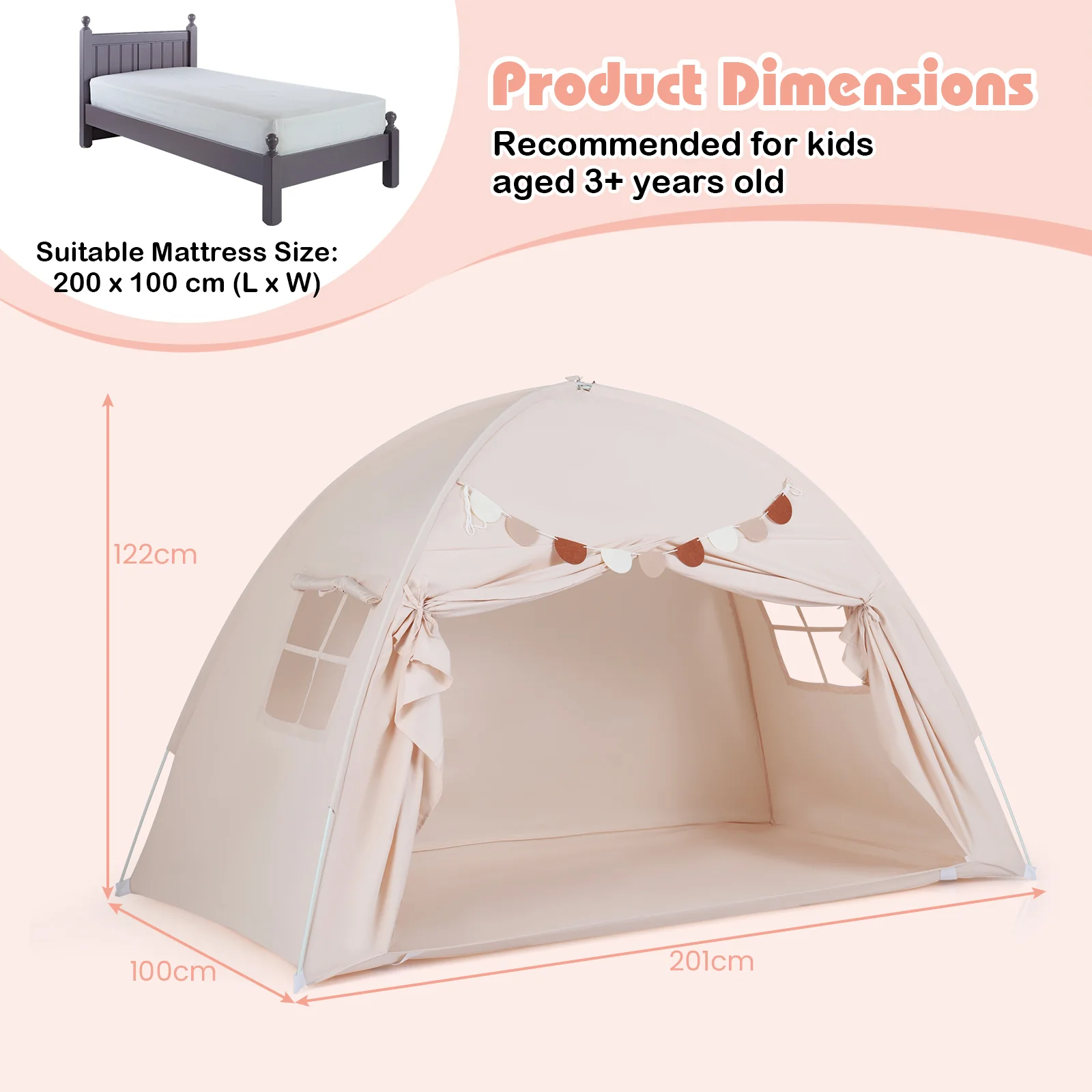 HONEY JOY Twin Full Size Bed Tent for Kids, Foldable & Portable Canopy Tent on Twin Bunk Bed - Image 3