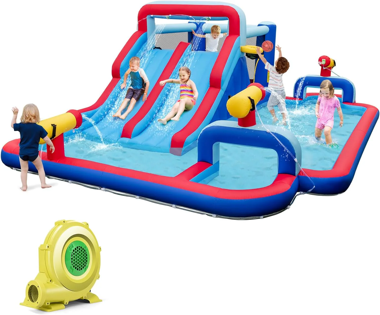 HONEY JOY Water Slide Park, 5-in-1 Inflatable Jumping House w/Dual Slides, Climbing Wall, Splash Pool, Basketball Rim, Water Cannons - Image 10