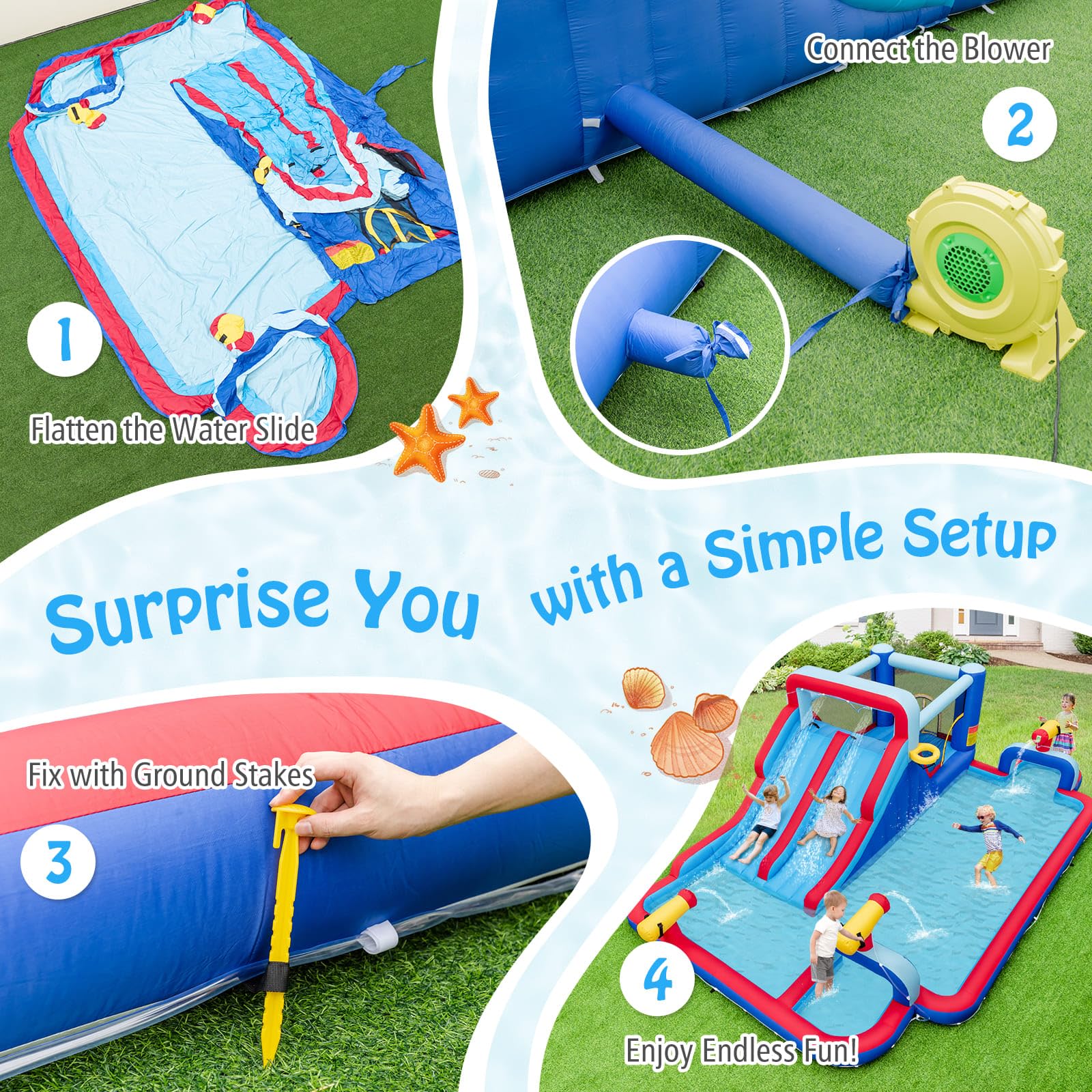 HONEY JOY Water Slide Park, 5-in-1 Inflatable Jumping House w/Dual Slides, Climbing Wall, Splash Pool, Basketball Rim, Water Cannons - Image 3