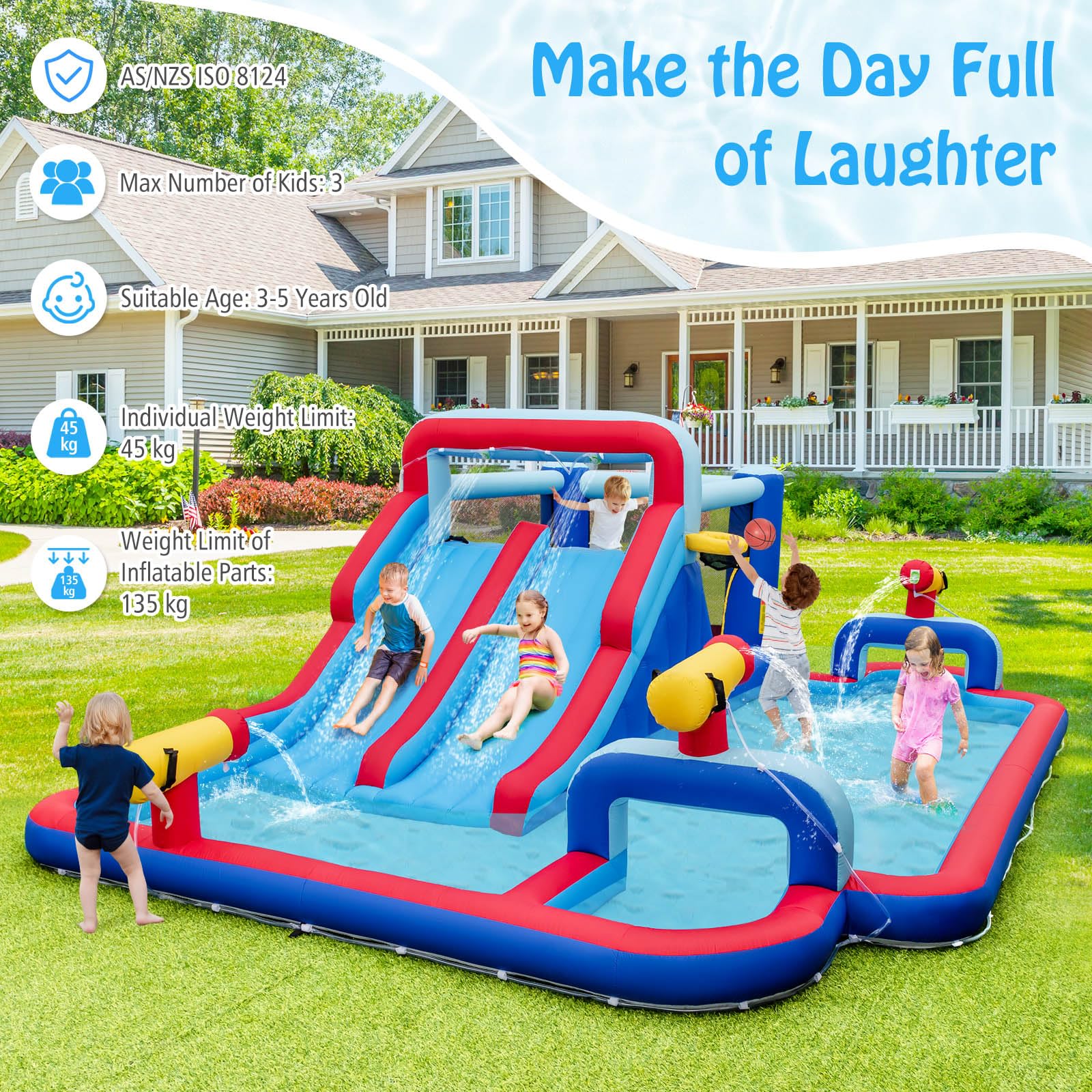 HONEY JOY Water Slide Park, 5-in-1 Inflatable Jumping House w/Dual Slides, Climbing Wall, Splash Pool, Basketball Rim, Water Cannons - Image 5