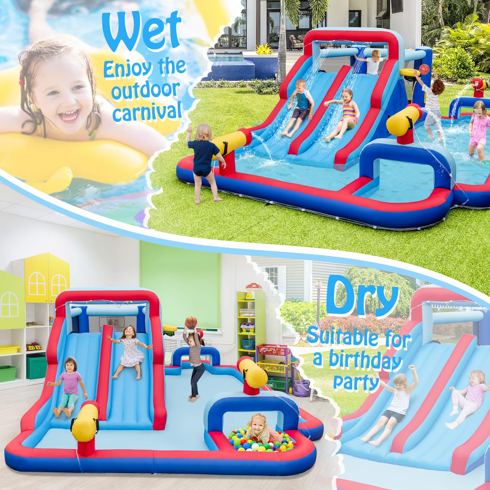 HONEY JOY Water Slide Park, 5-in-1 Inflatable Jumping House w/Dual Slides, Climbing Wall, Splash Pool, Basketball Rim, Water Cannons - Image 7