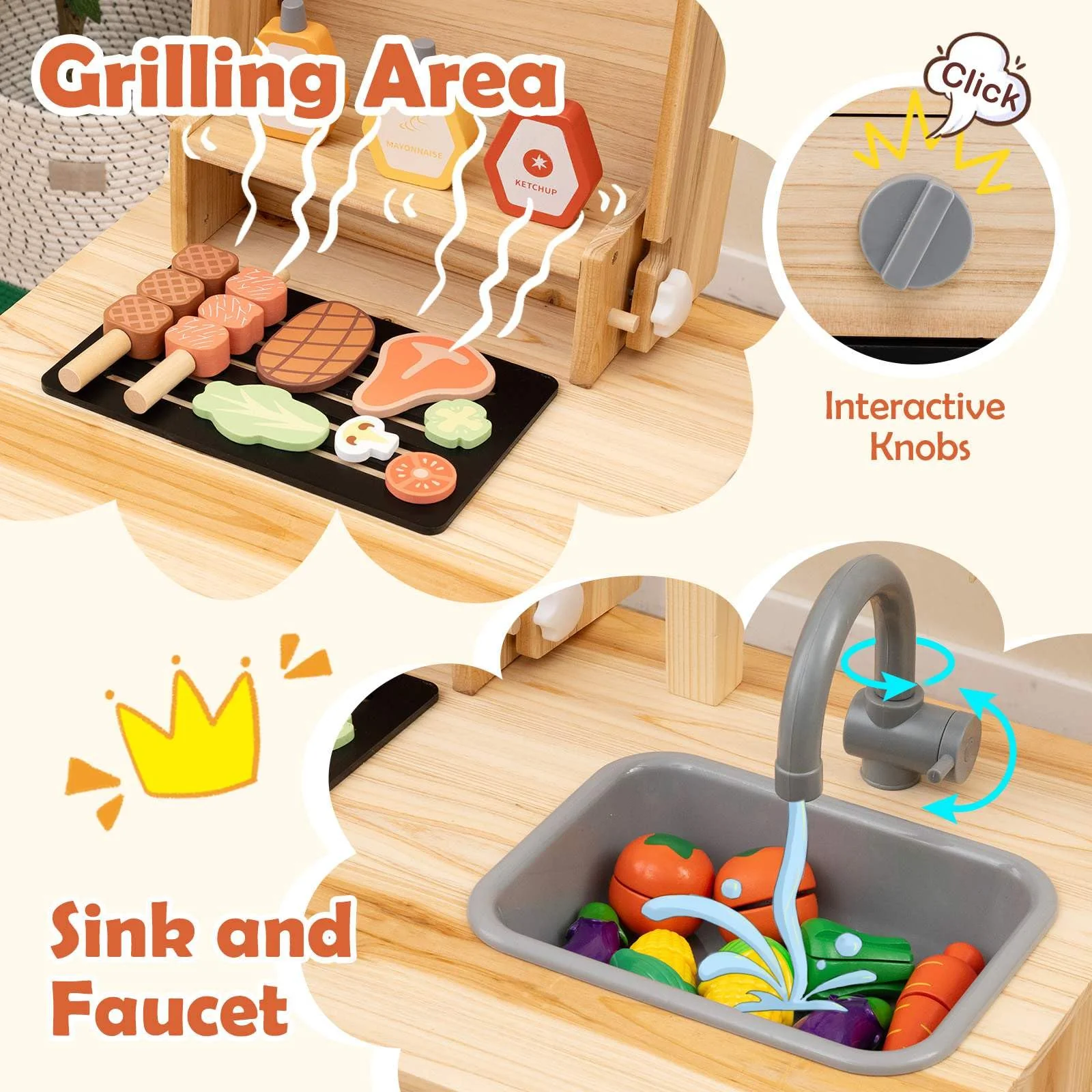 HONEY JOY Wooden Barbecue Grill Playset, Pretend Play Kitchen Set with Play Food, Grilling Tools & Accessories - Image 2