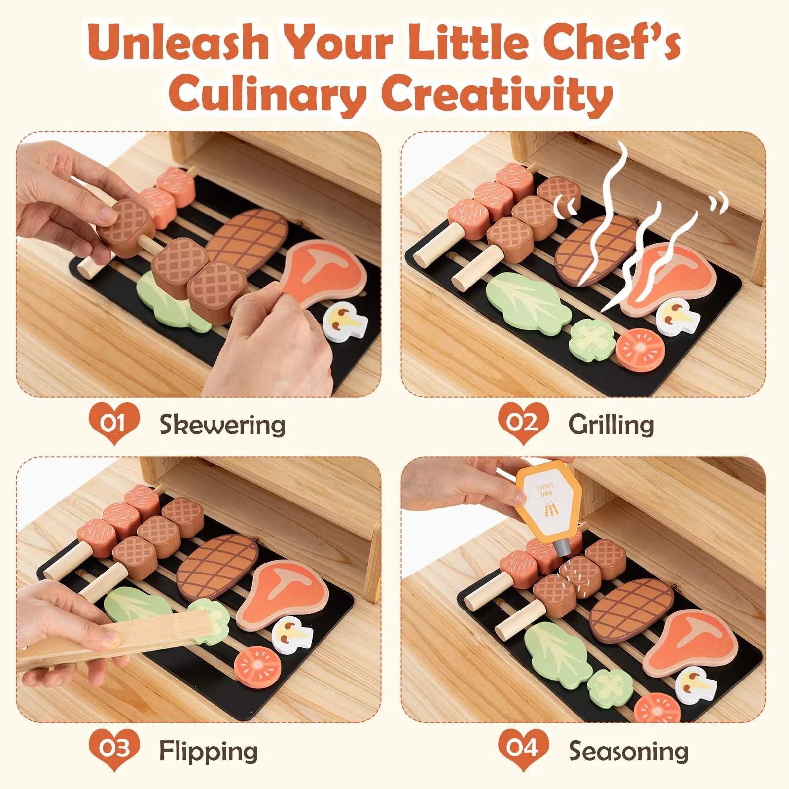 HONEY JOY Wooden Barbecue Grill Playset, Pretend Play Kitchen Set with Play Food, Grilling Tools & Accessories - Image 4