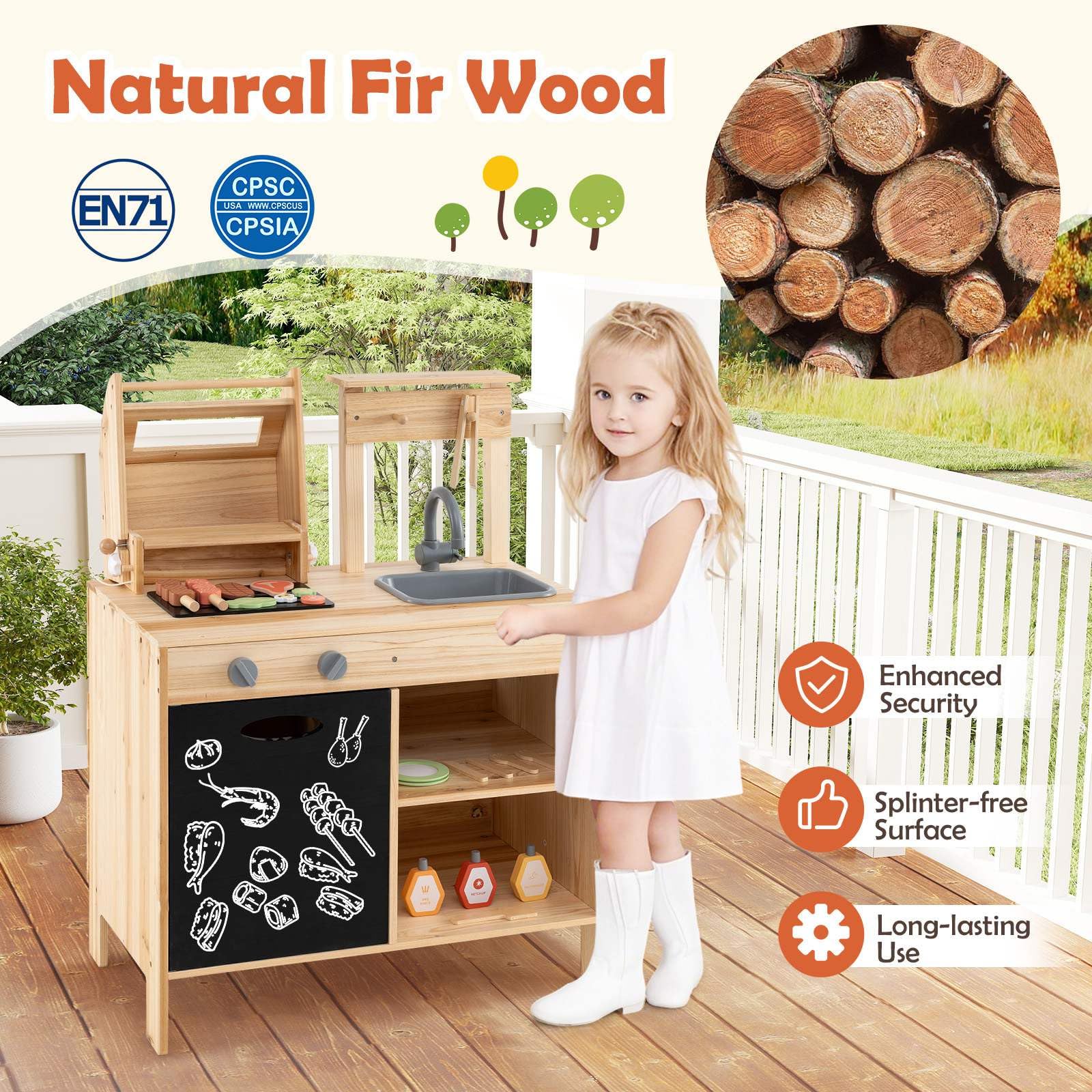 HONEY JOY Wooden Barbecue Grill Playset, Pretend Play Kitchen Set with Play Food, Grilling Tools & Accessories - Image 5