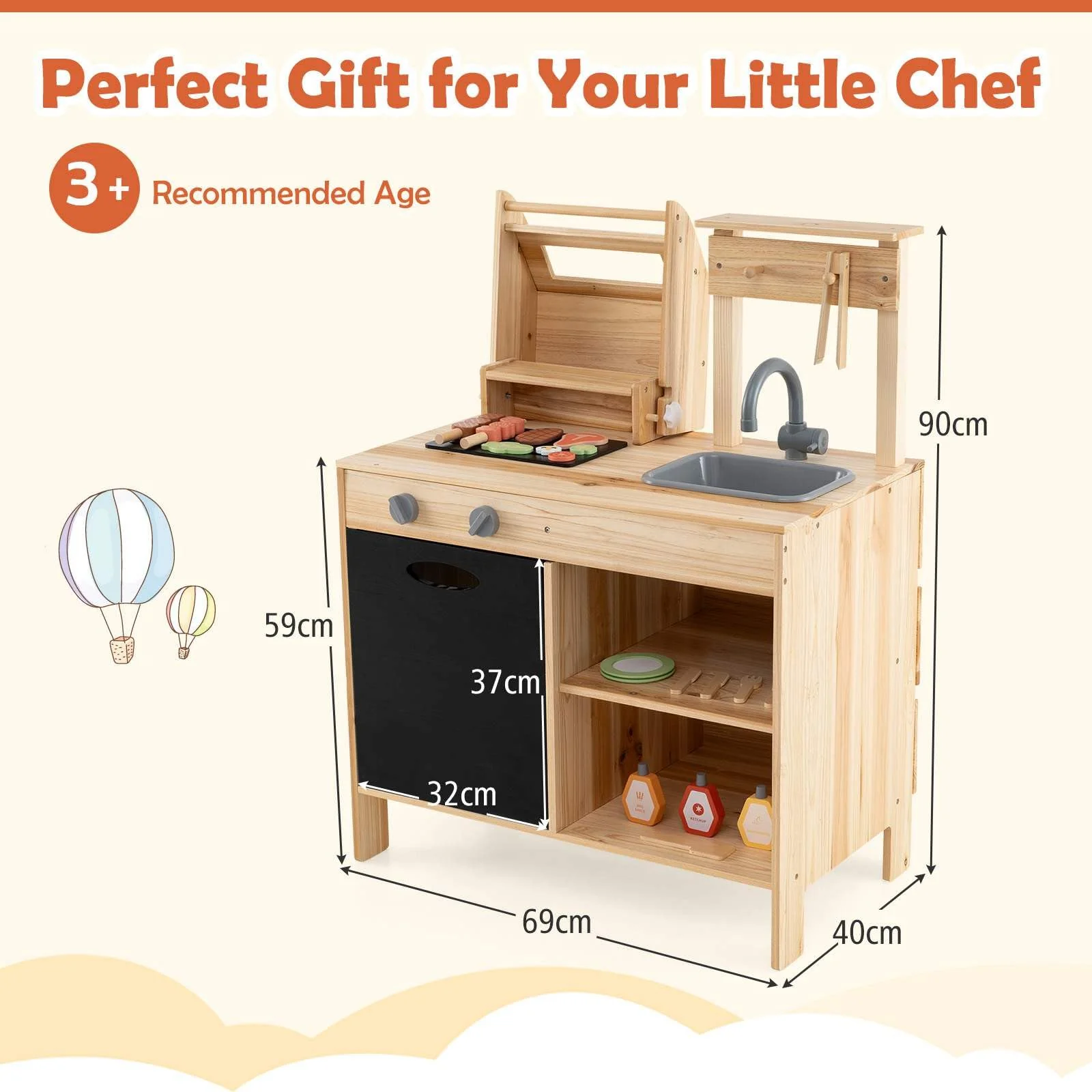 HONEY JOY Wooden Barbecue Grill Playset, Pretend Play Kitchen Set with Play Food, Grilling Tools & Accessories - Image 6