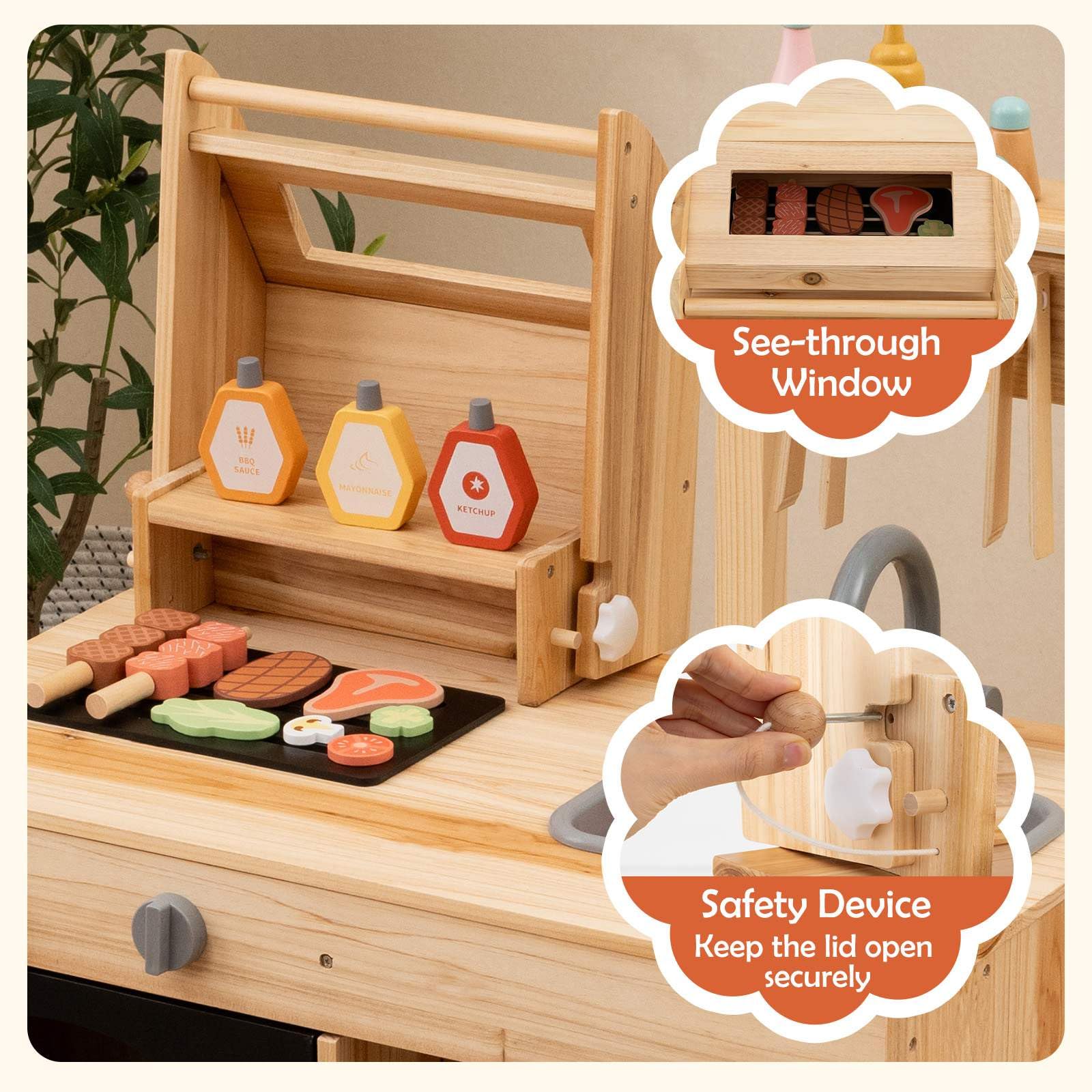 HONEY JOY Wooden Barbecue Grill Playset, Pretend Play Kitchen Set with Play Food, Grilling Tools & Accessories - Image 7