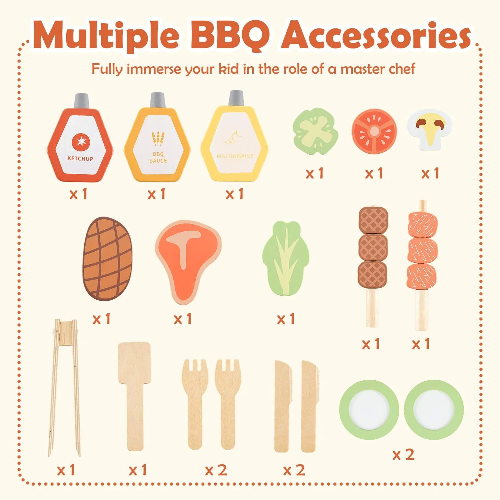 HONEY JOY Wooden Barbecue Grill Playset, Pretend Play Kitchen Set with Play Food, Grilling Tools & Accessories - Image 9