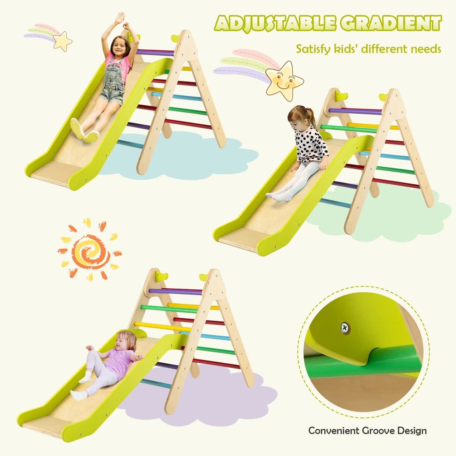 HONEY JOY Wooden Climbing Triangle Ladder for Kids, 2 in 1 Pikler Triangle Climber with Ramp for Slide - Image 3